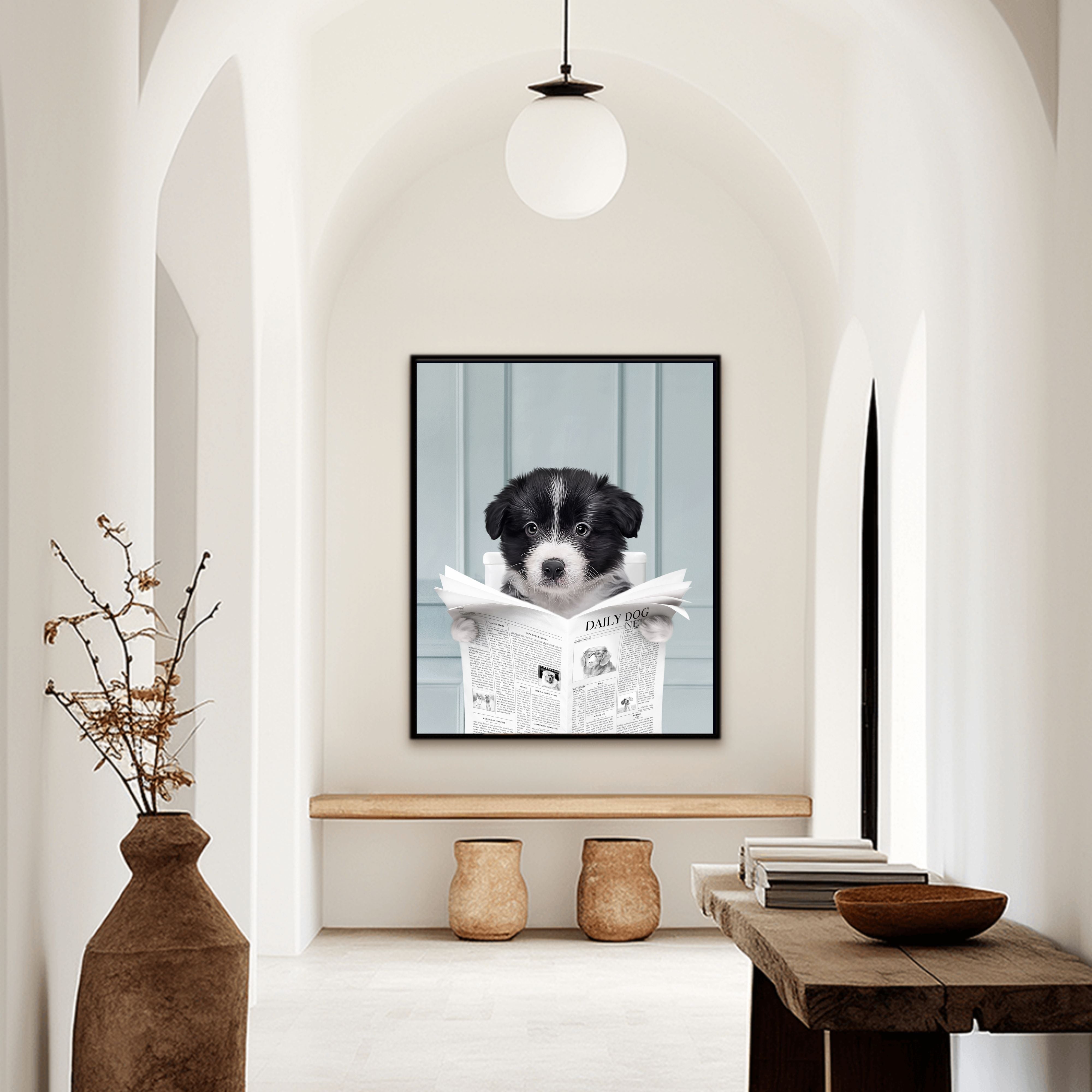 Custom Bathroom Pet Portrait | Close Up Reading A Newspaper - Blue