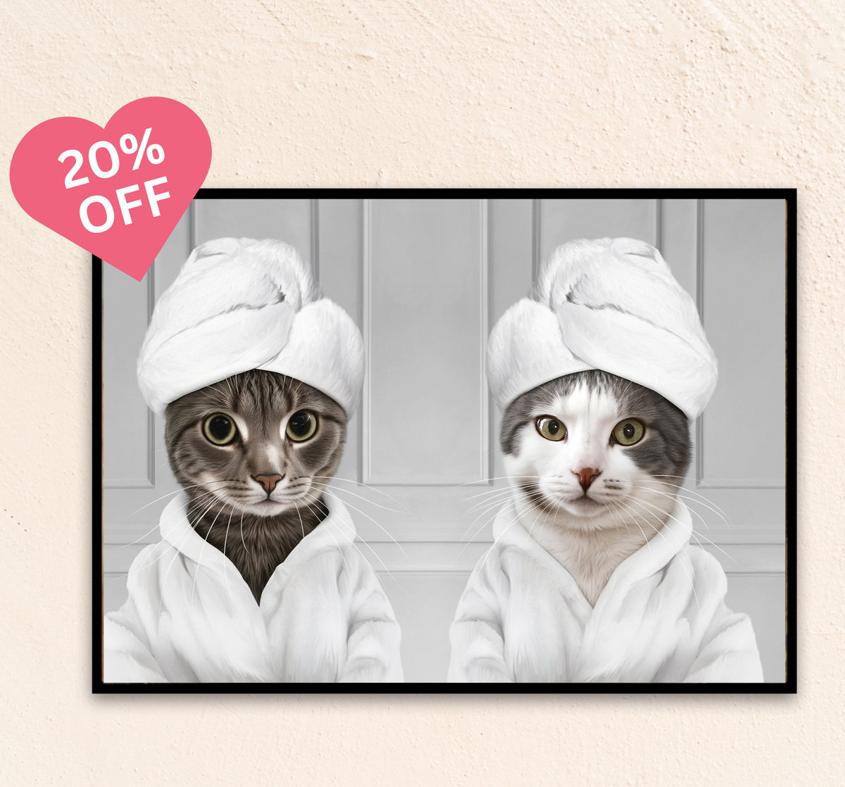 A custom bathroom pet portrait of two cats in bathrobes with towel turbans on a gray background.