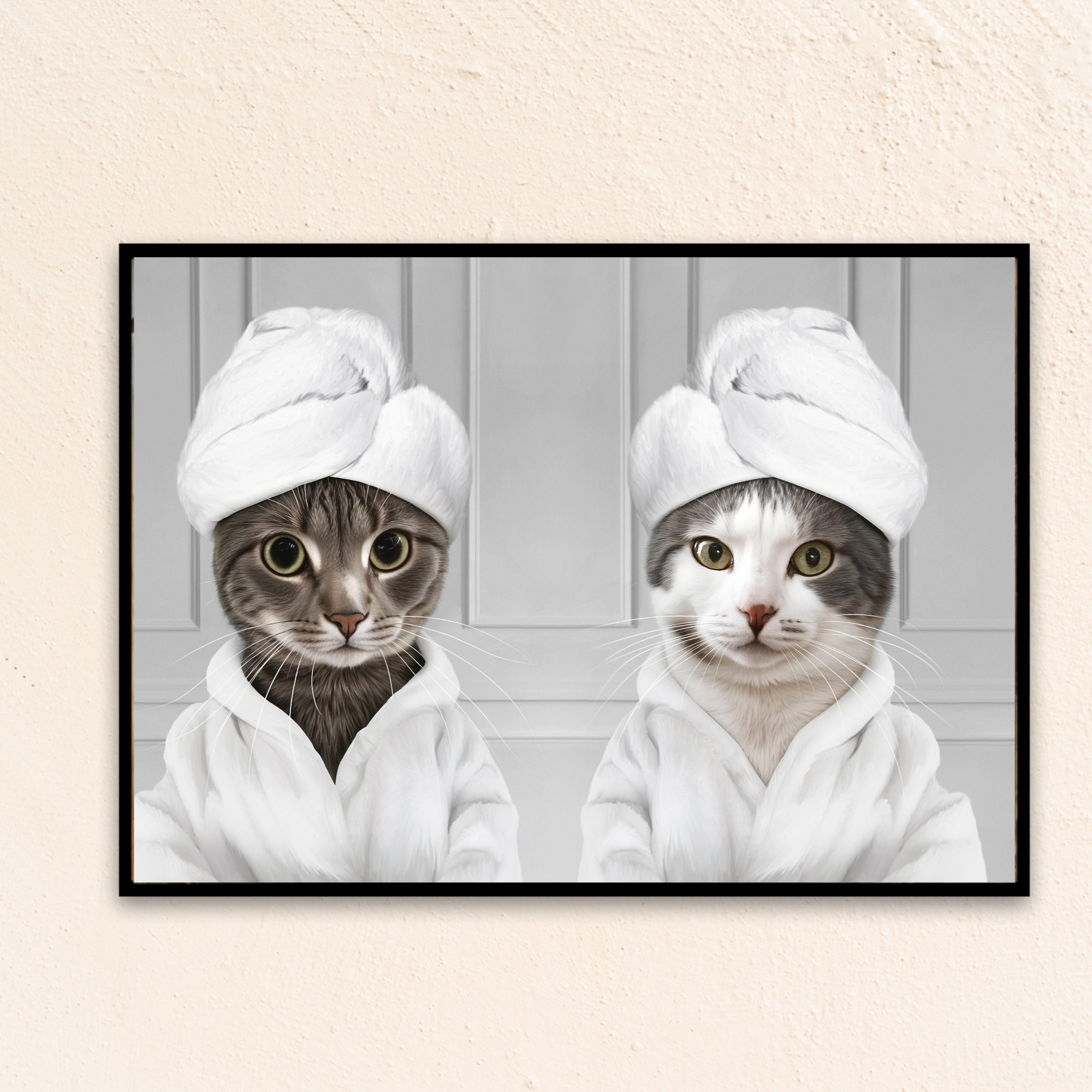 Custom Cat Bathroom Art of two pets in a bathrobe with a head towel.