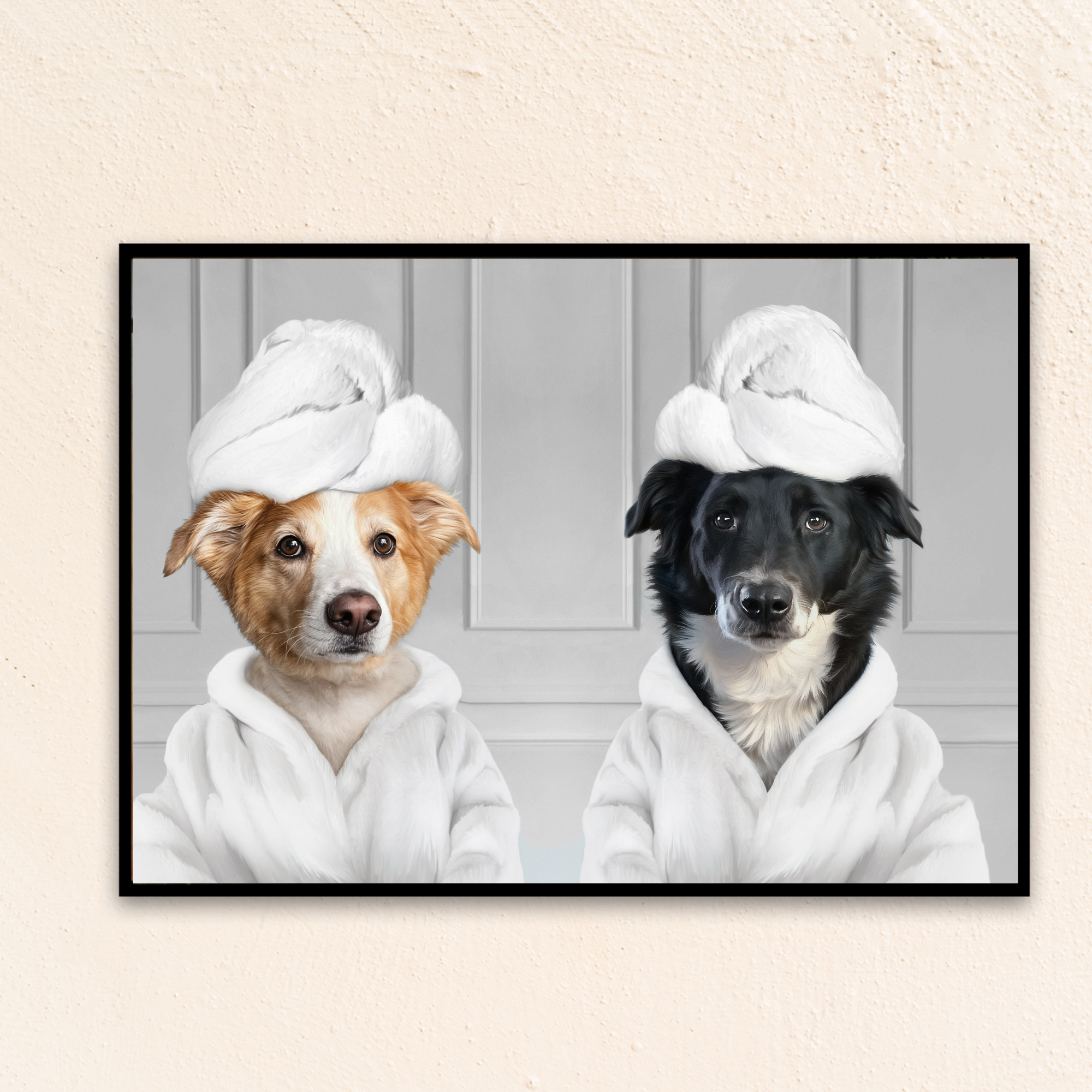 Custom dog bathroom art of two dogs relaxing in bathrobes with head towels
