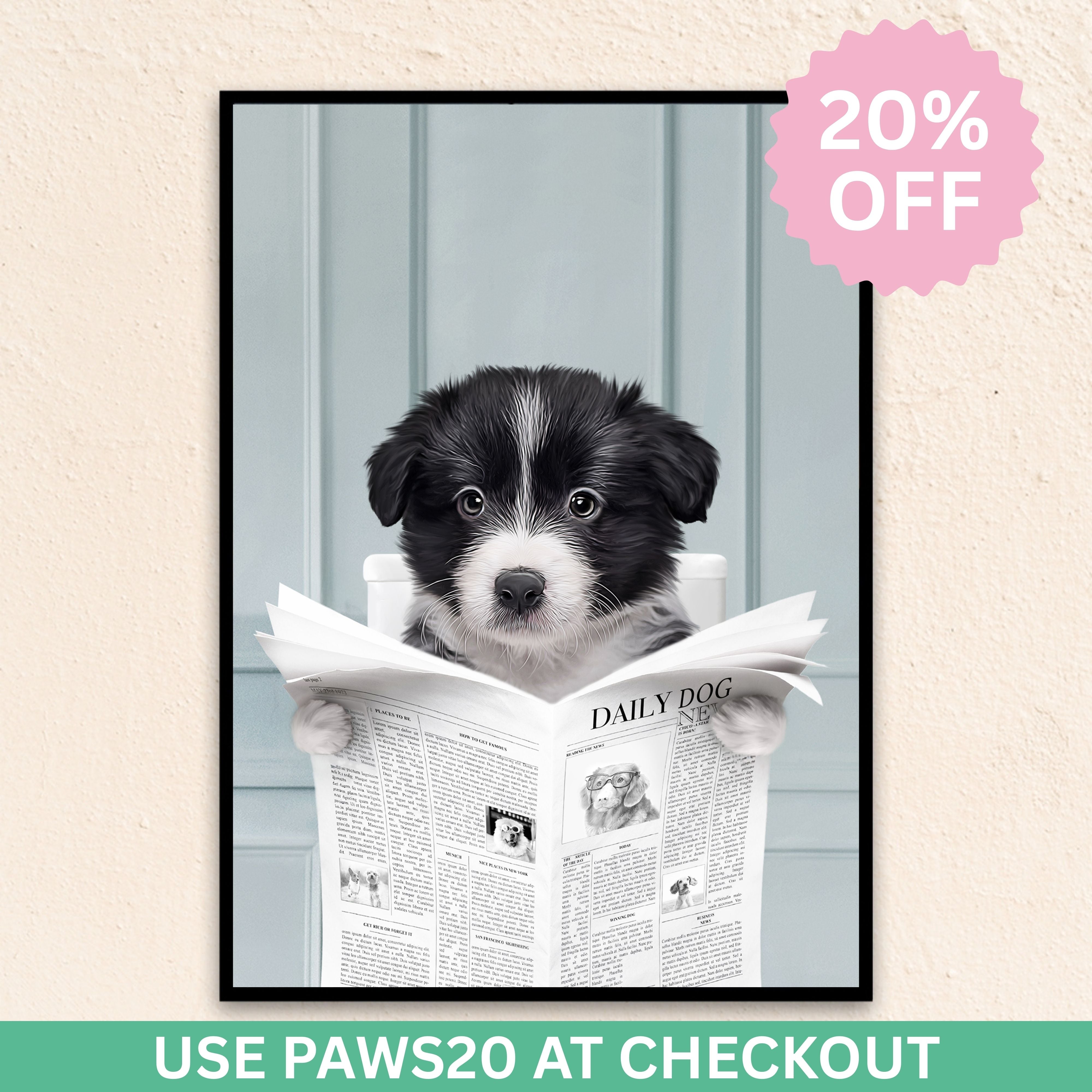 Custom Bathroom Pet Portrait | Close Up Reading A Newspaper - Blue