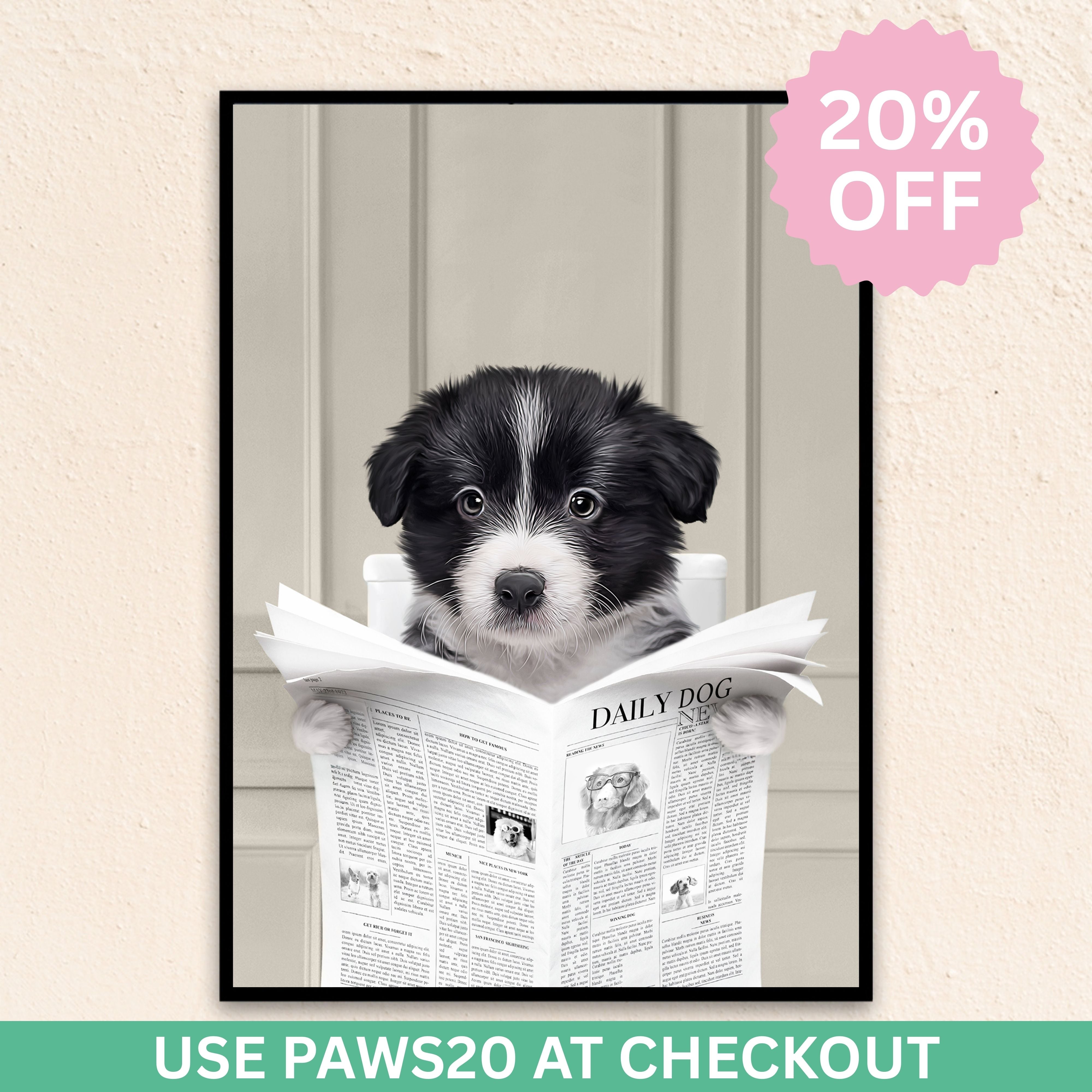 Custom Bathroom Pet Portrait | Close Up Reading A Newspaper - Gray