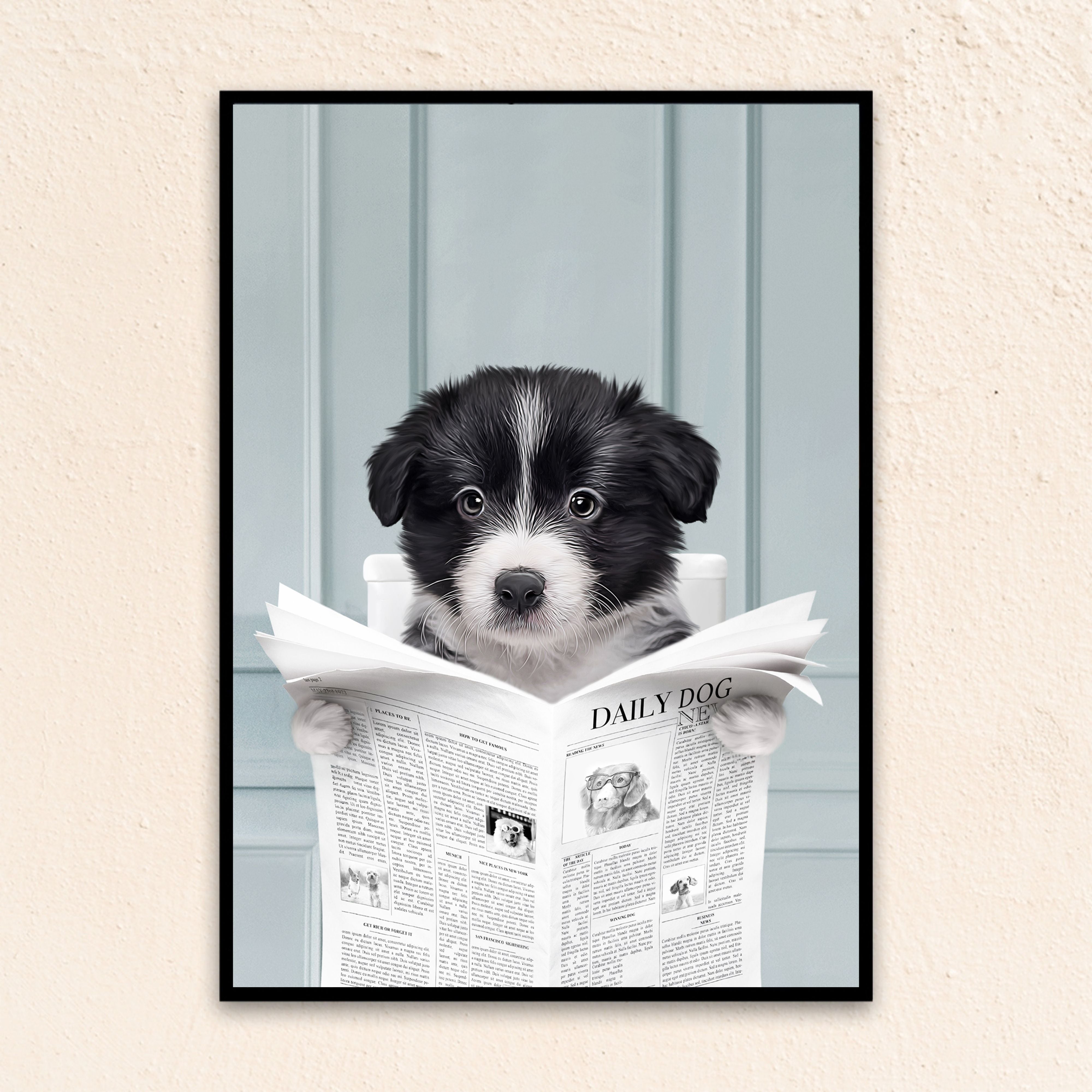 Custom Bathroom Pet Portrait | Close Up Reading A Newspaper - Blue
