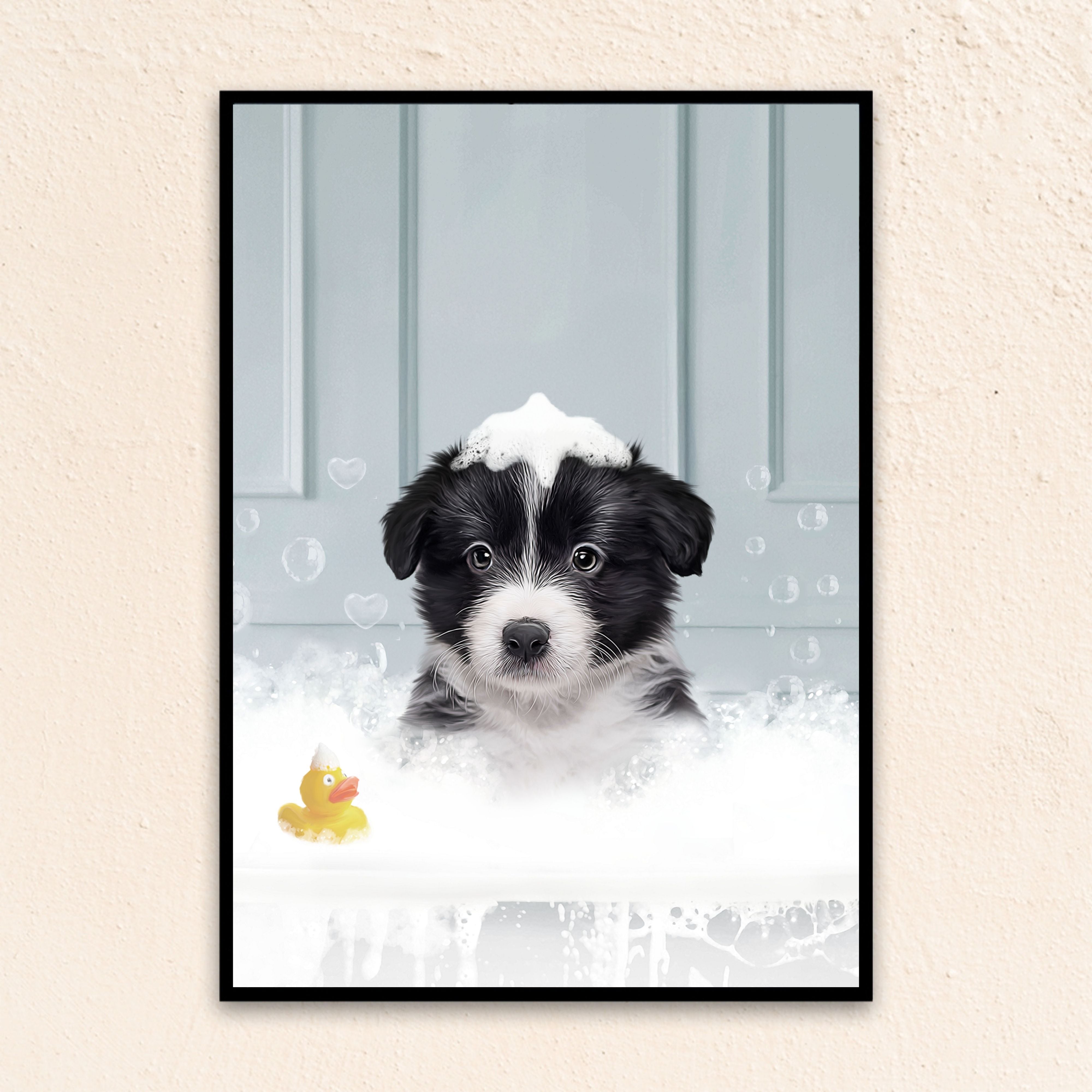 Custom Funny Art Pet Portrait | In The Bath Tub Close Up - Blue