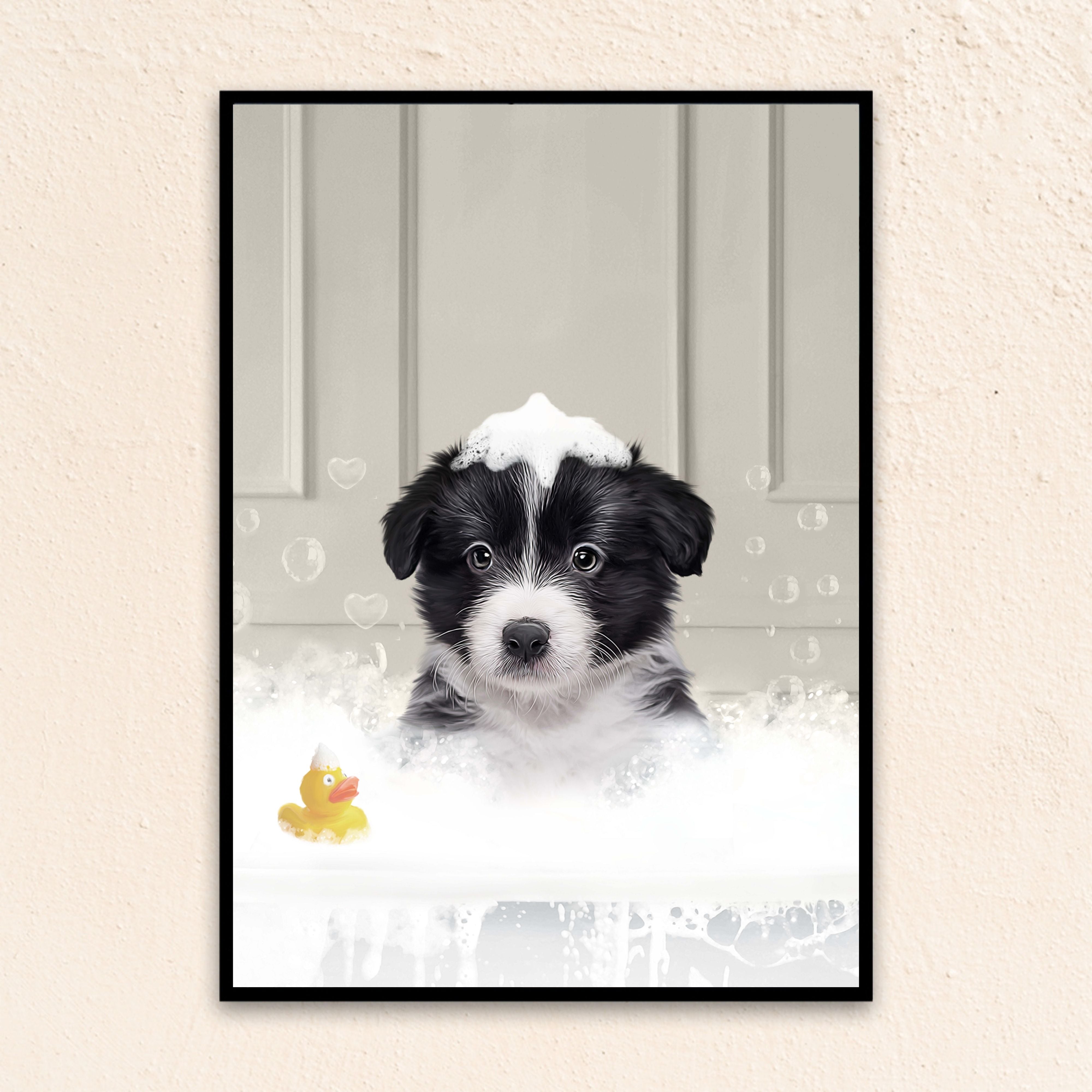 Custom Funny Dog Portrait | In The Bath Tub Close Up - Gray