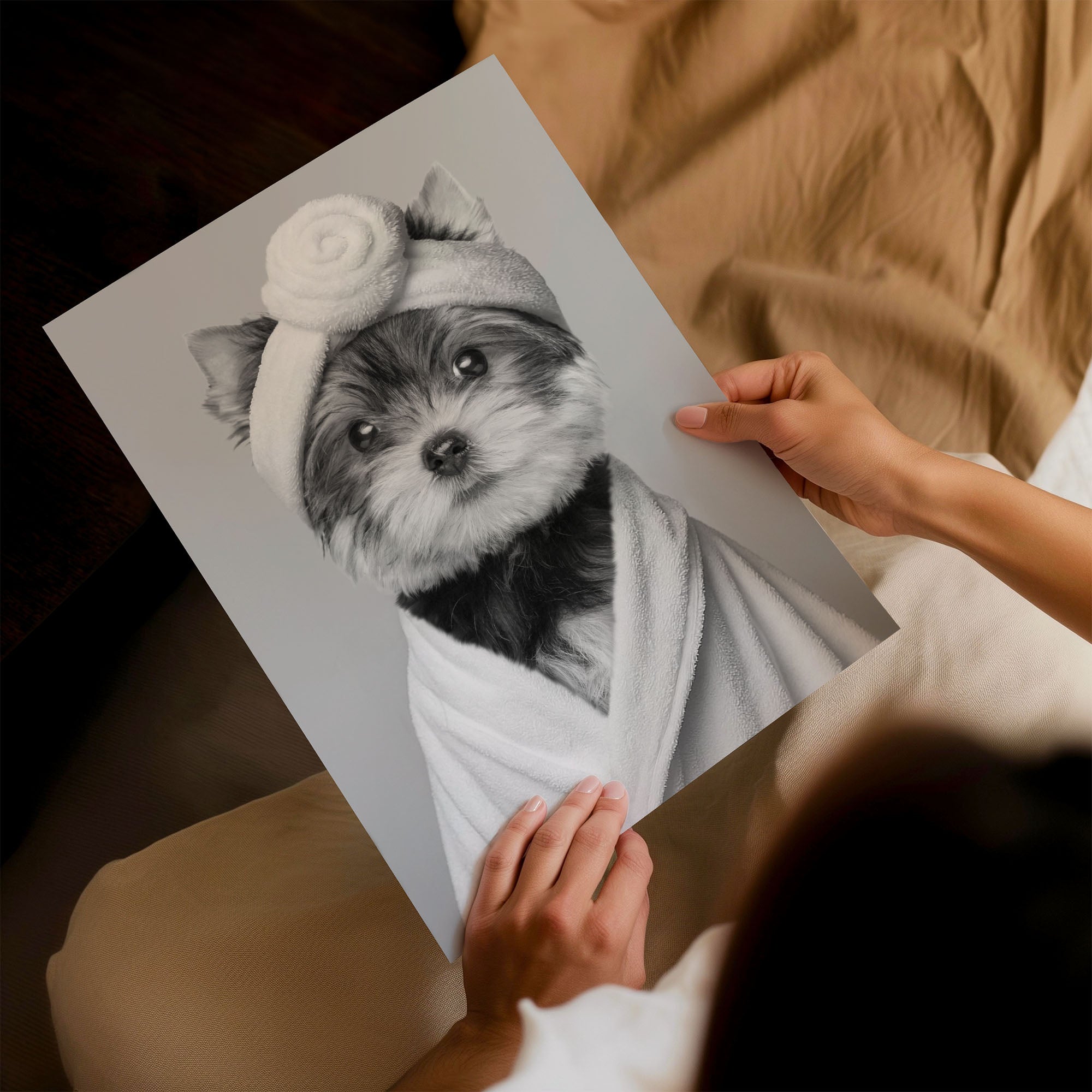 Custom Bathroom Dog Portrait | Black & White Robe and Head Towel