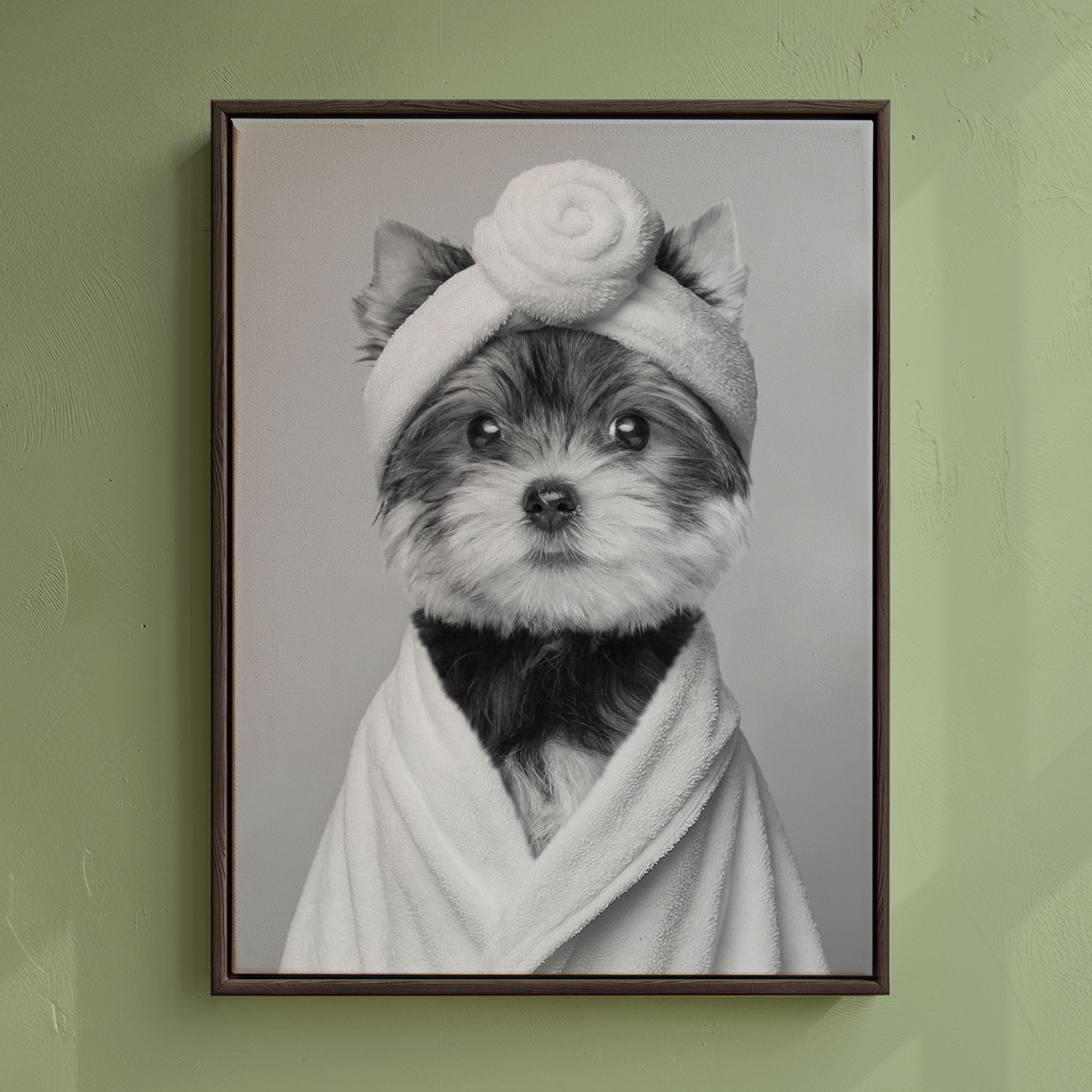 Custom Bathroom Dog Portrait | Black & White Robe and Head Towel