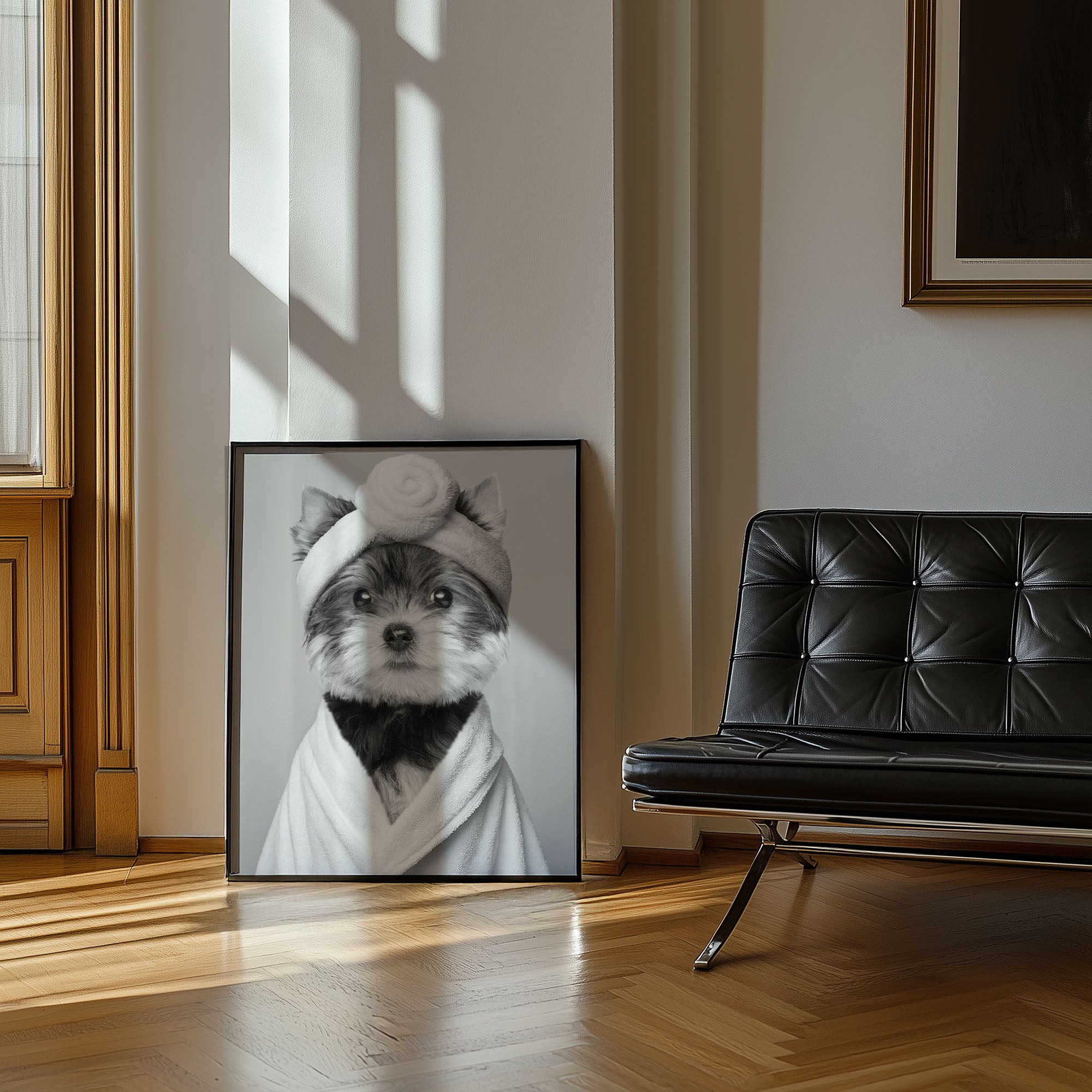 Custom Bathroom Dog Portrait | Black & White Robe and Head Towel