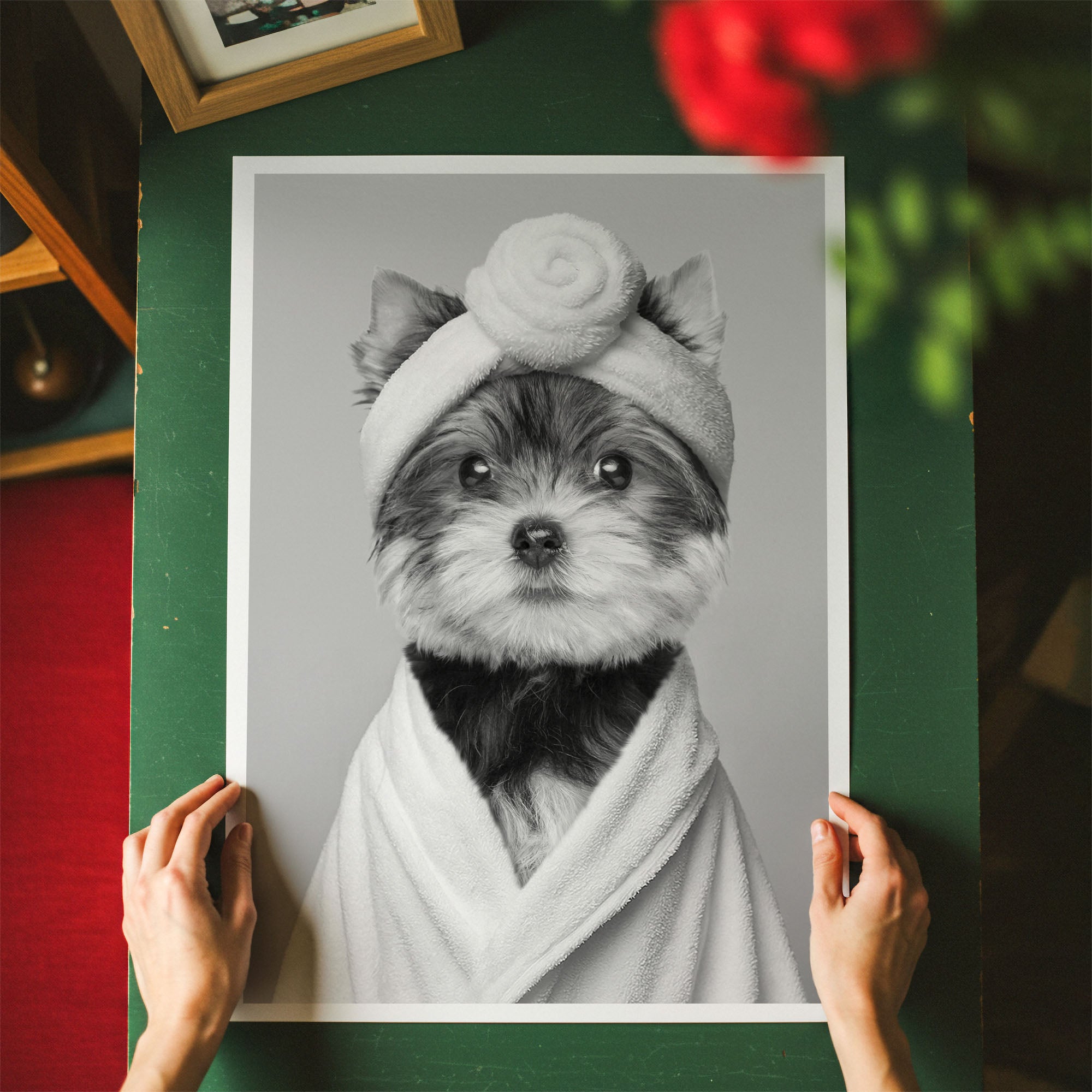Custom Bathroom Dog Portrait | Black & White Robe and Head Towel