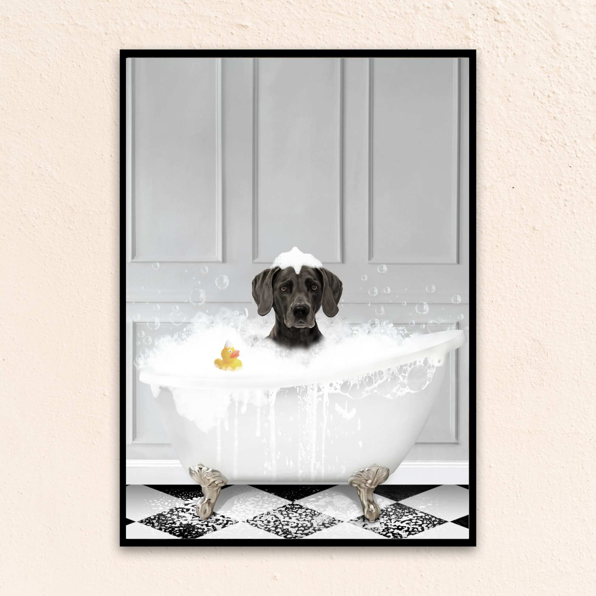 Custom Bathroom Art Dog Portrait I In The Bath Tub - Gray