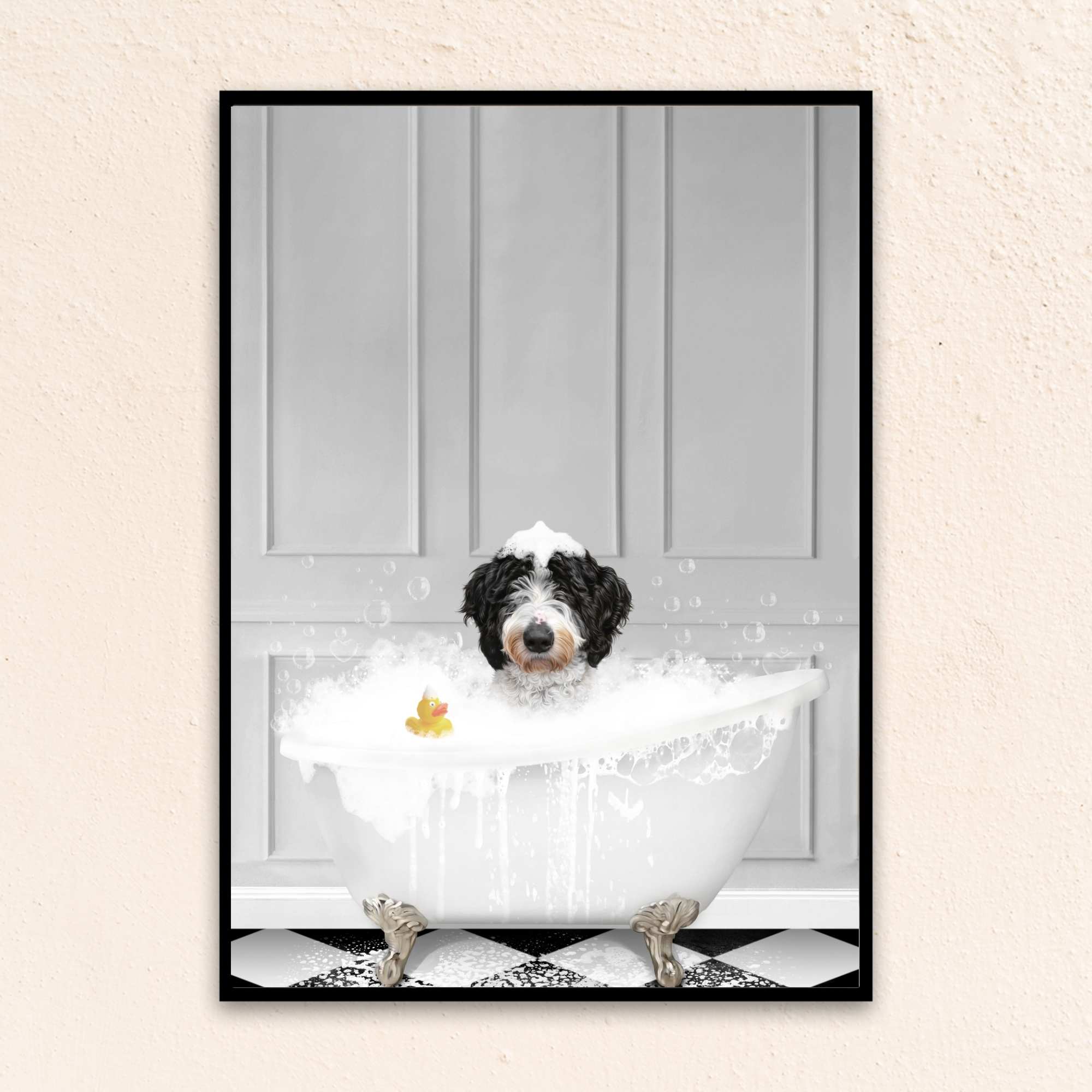 Custom Bathroom Art Dog Portrait I In The Bath Tub - Gray