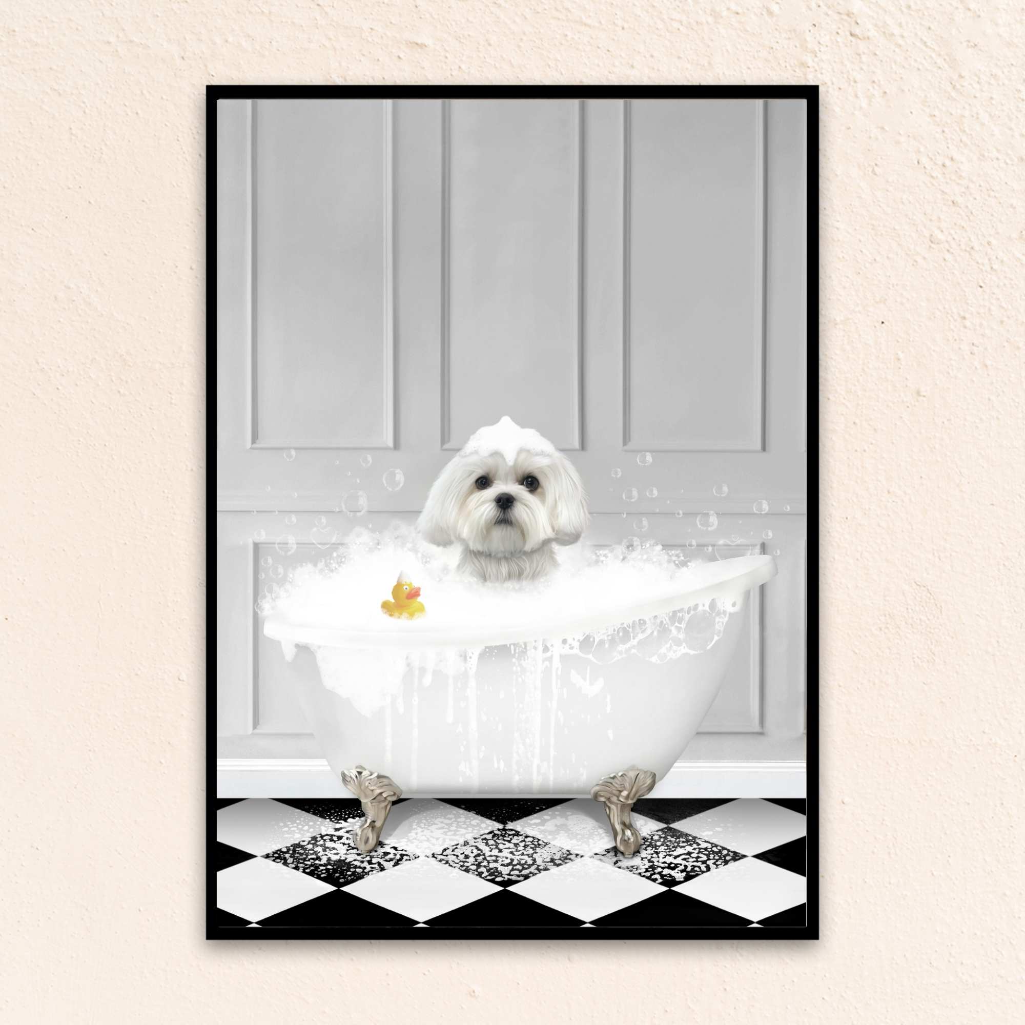 Custom Bathroom Art Dog Portrait I In The Bath Tub - Gray