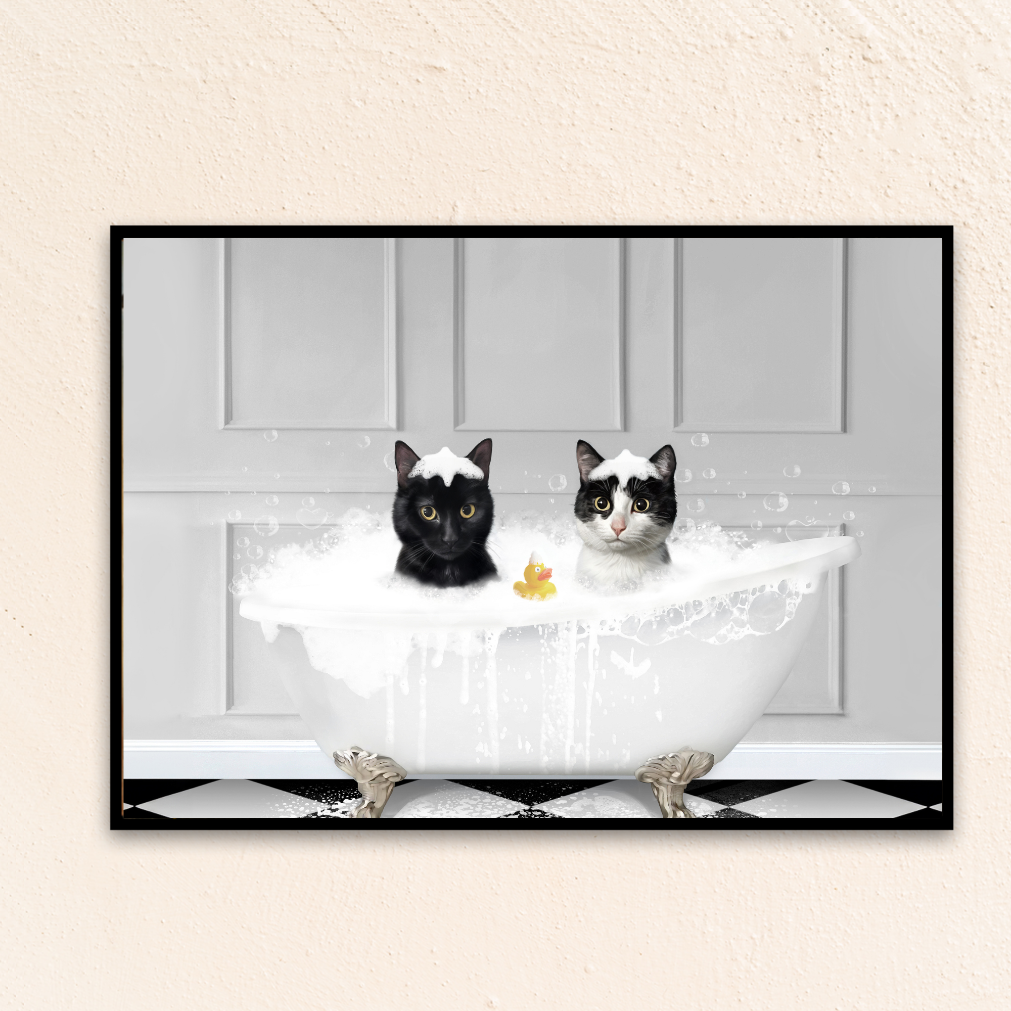 Bathroom cat art showing two cats lounging in a classic bathtub with gentle bubbles against a clean gray wall backdrop