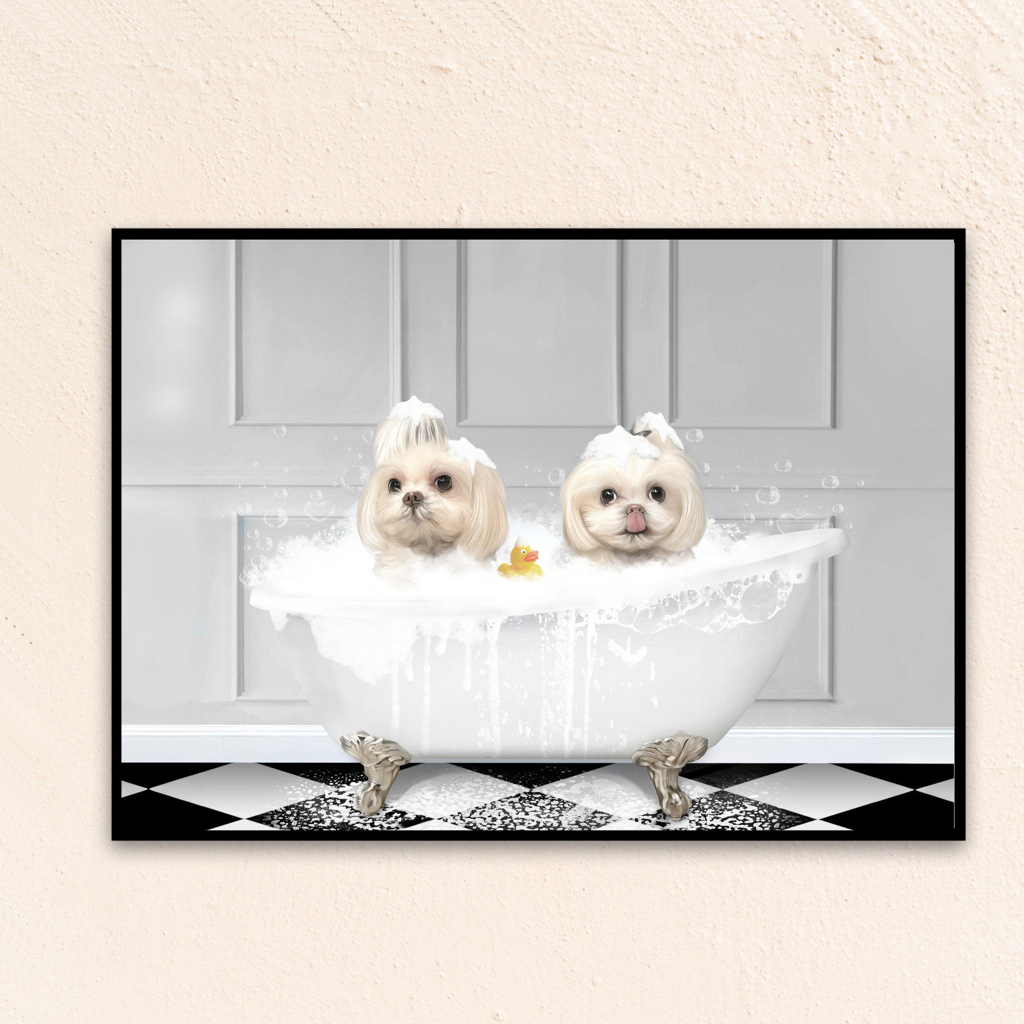 Playful bathroom dog art portrait of a dog soaking in a clawfoot tub within a modern bathroom scene and soft gray background