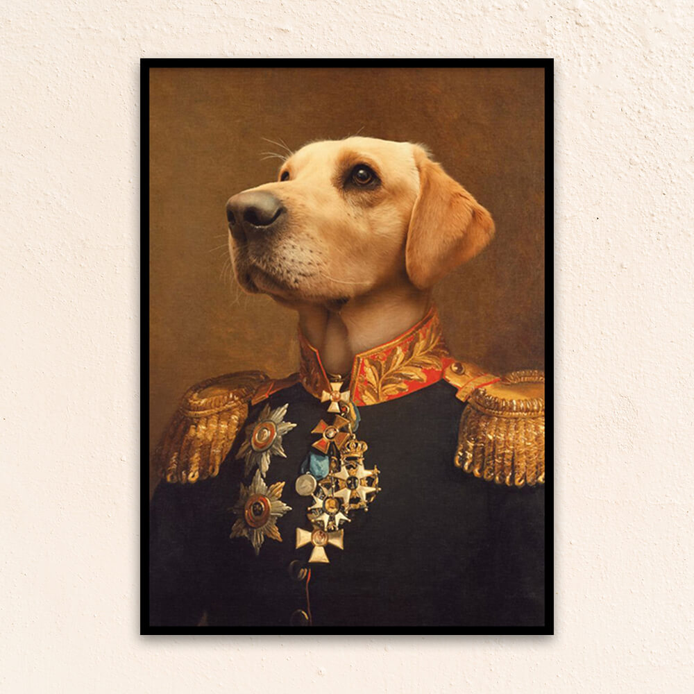 Custom military pet portrait wall art. Labrador Retriever dog wearing regal general suit, with red and gold collar and medals.