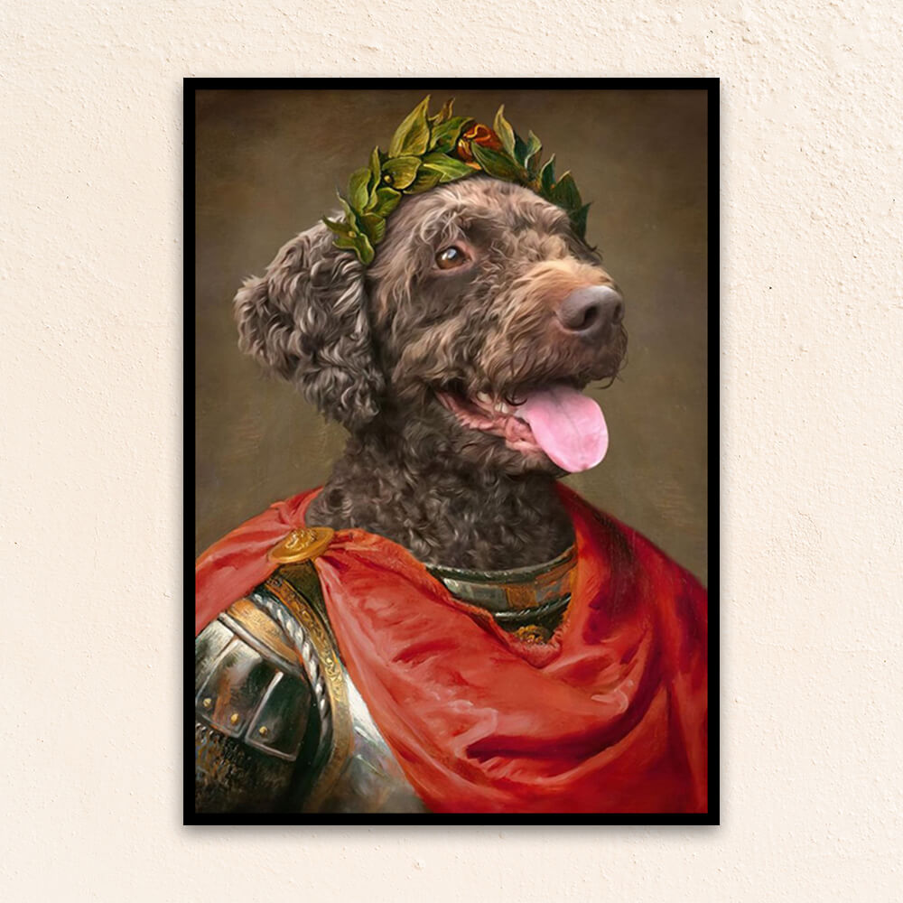 Custom royal pet portrait wall art. Brown dog wearing roman military attire with red cape and leaf crown.