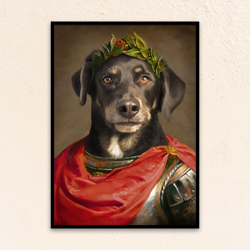 Custom royal pet portrait wall art. Dog wearing roman military attire with red cape and leaf crown.