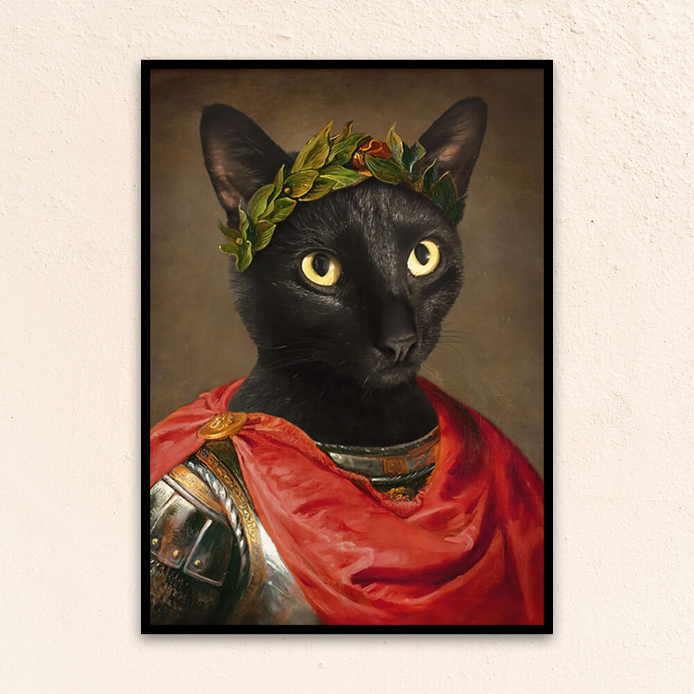 Custom royal pet portrait wall art. Black cat wearing roman military attire with red cape and leaf crown.