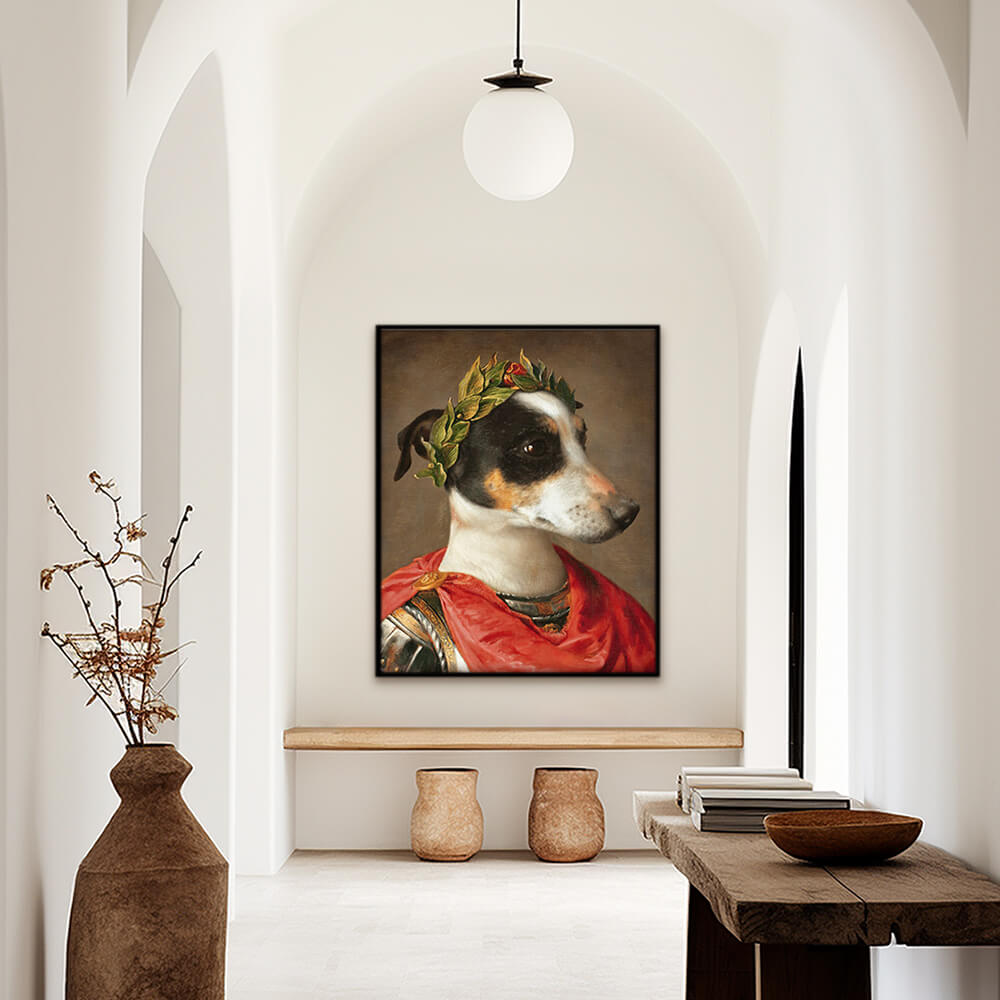 Custom royal pet portrait wall art. Dog wearing roman military attire with red cape and leaf crown.