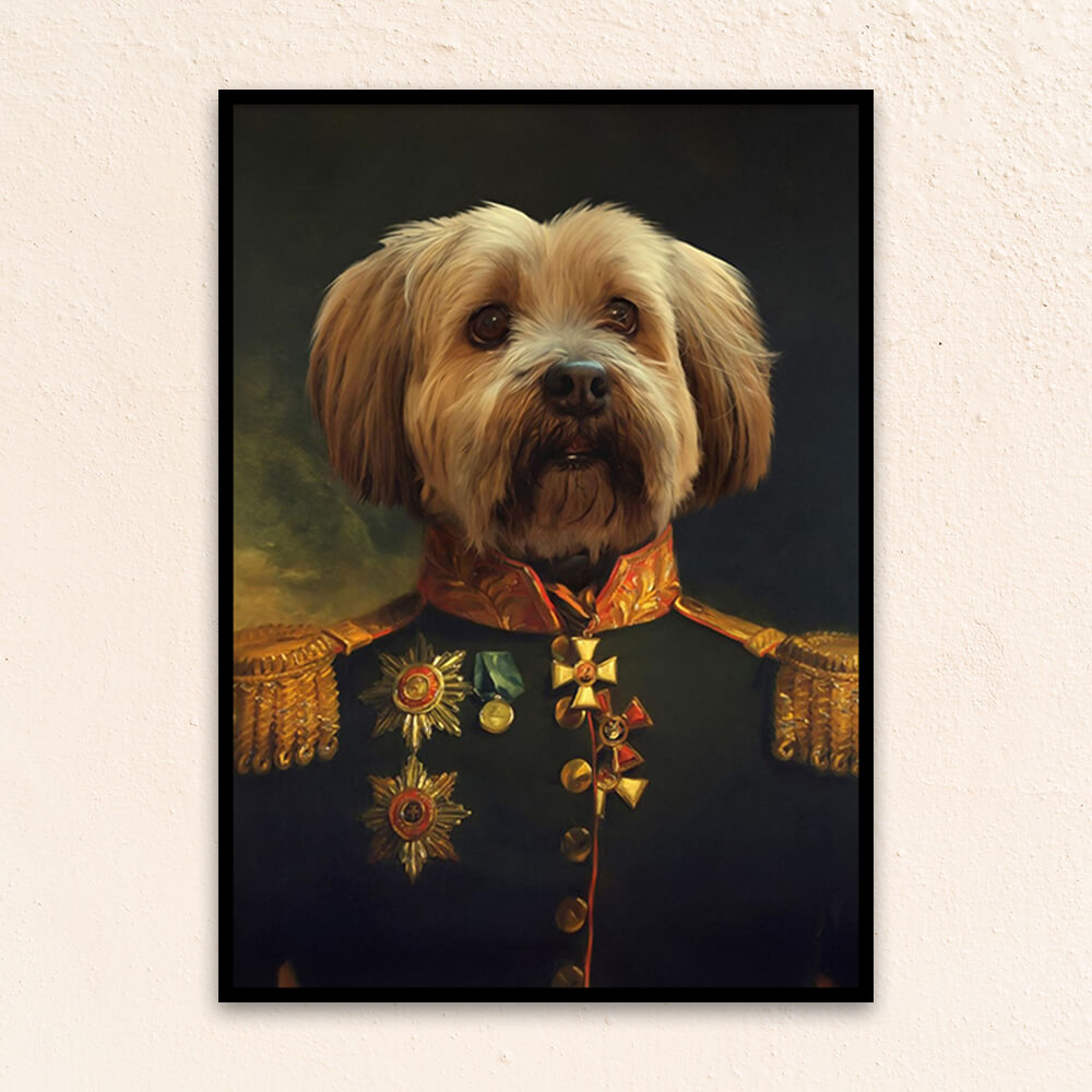 Custom military pet portrait wall art. Dog wearing military costume with medals.