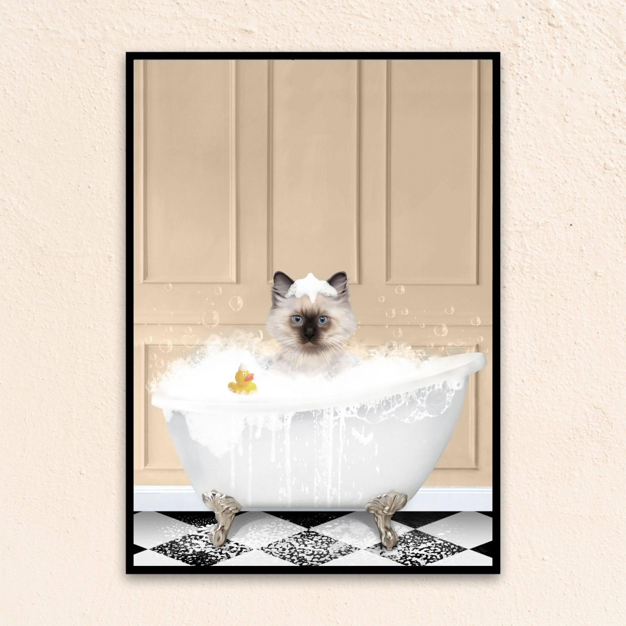 Custom bathroom cat portrait, Siamese kitten puppy in bath tub with rubber duckie and black and white checker tiled floor.