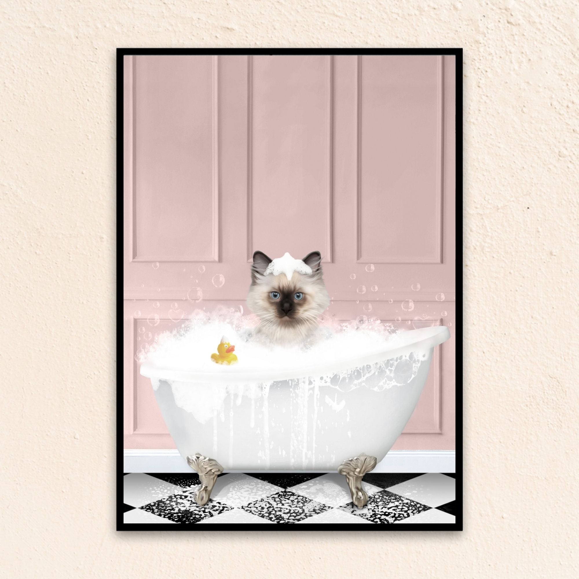 Custom bathroom cat portrait, Siamese kitten puppy in bath tub with rubber duckie and black and white checker tiled floor.