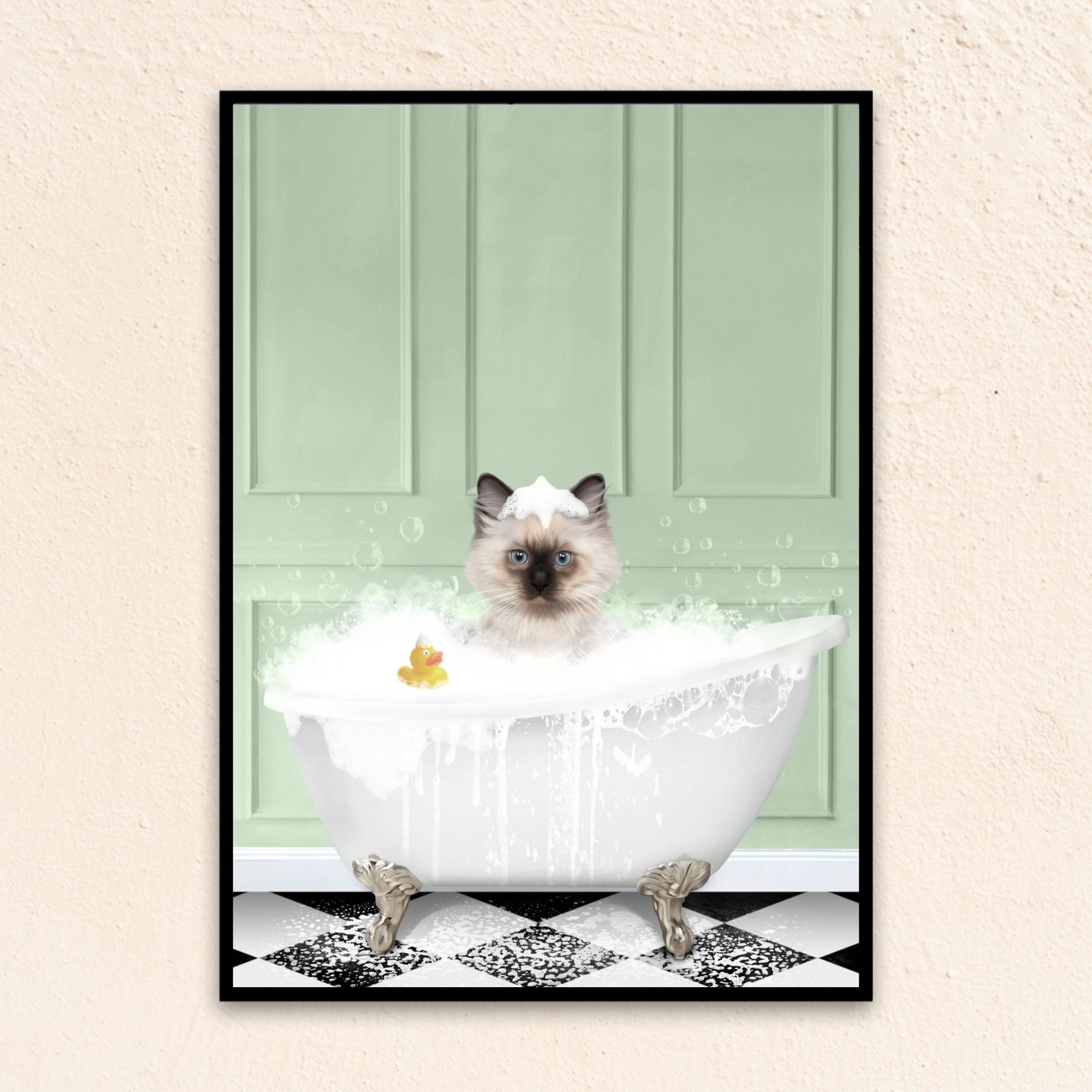 Custom bathroom cat portrait, Siamese kitten puppy in bath tub with rubber duckie and black and white checker tiled floor.