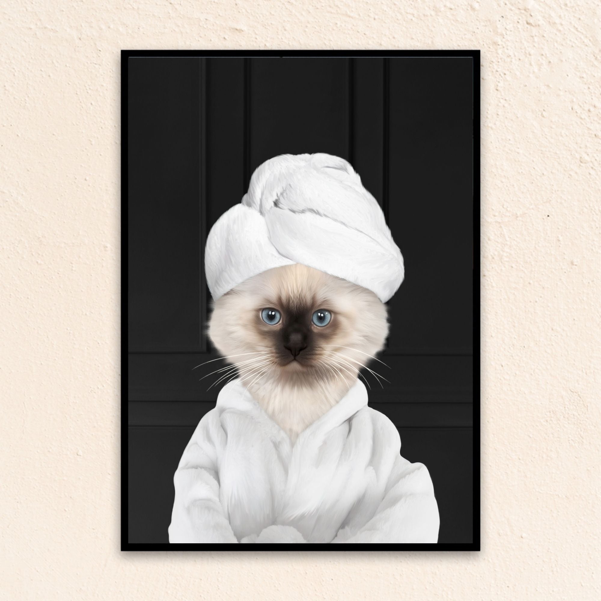 Custom bathroom cat portrait, Siamese kitten puppy in bathrobe and towel at spa.
