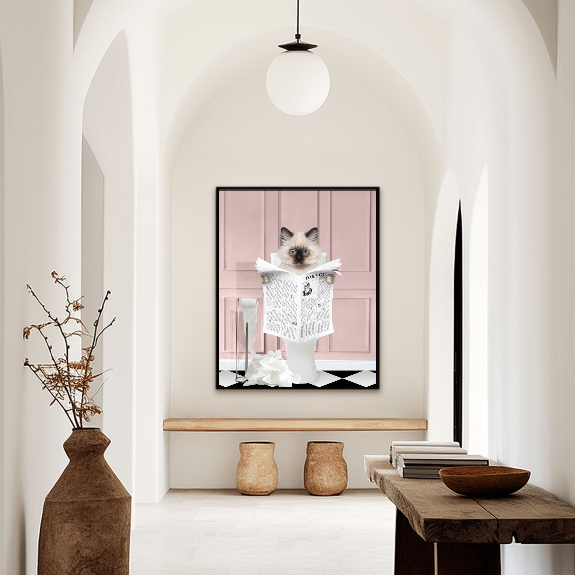 Custom bathroom cat hallway wall art. Siamese kitten holding newspaper on toilet with black and white checker tiled floor.