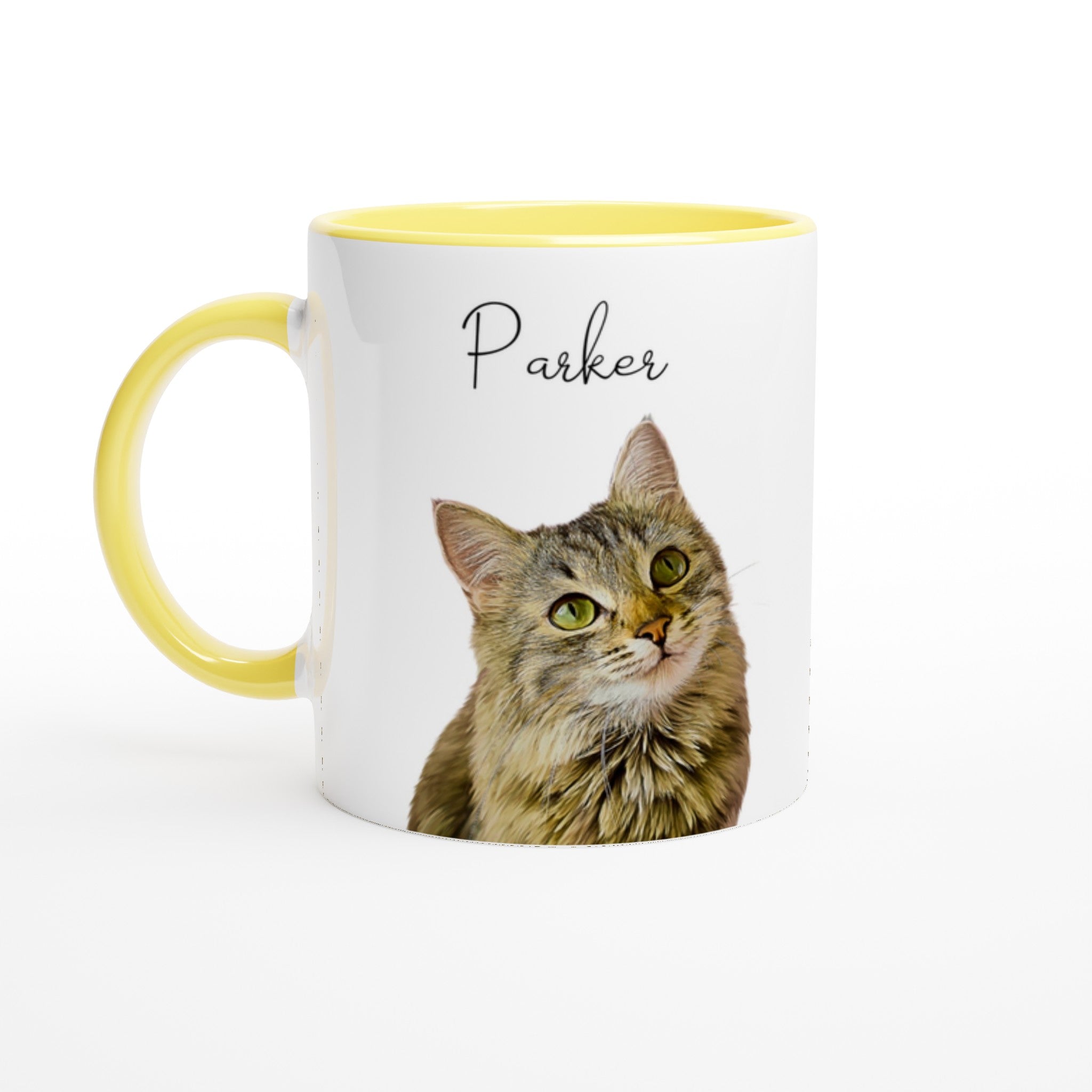 Custom pet portrait mug. Tabby cat with pet name above cat with yellow mug interior and handle.