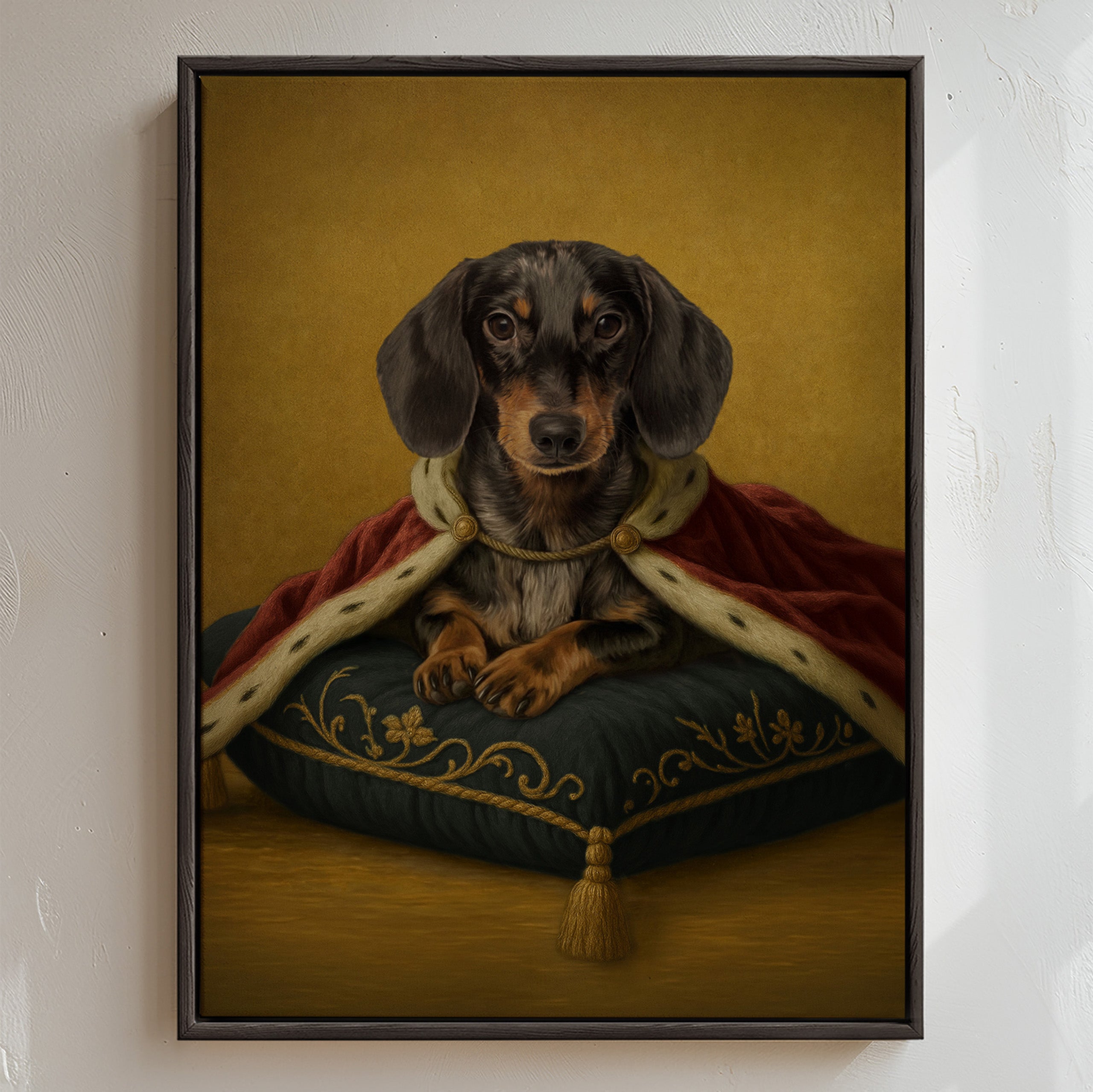 Burgundy & Navy Classic Royal Sitting Pet Portrait, featuring a richly detailed royal coat, ornate cushion and timeless painted finish.