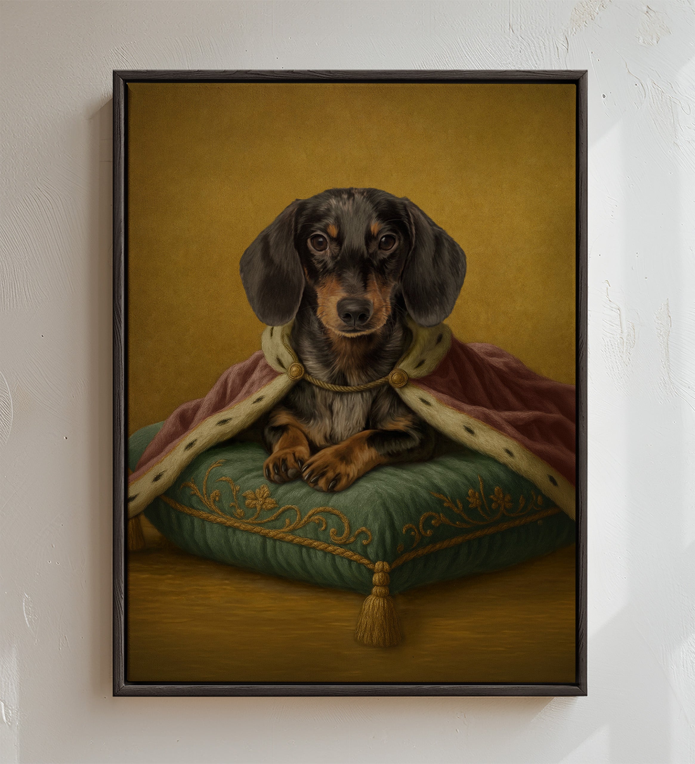 Custom classic royal sitting pet portrait in Rose & Sage with a luxurious regal velvet robe