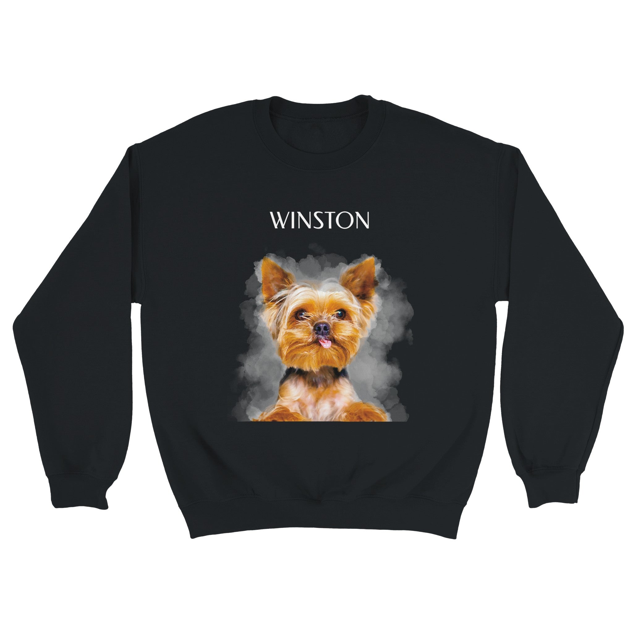 Custom watercolor pet portrait on black sweatshirt. Yorkie with the pet's name above the pet and gray watercolor background.