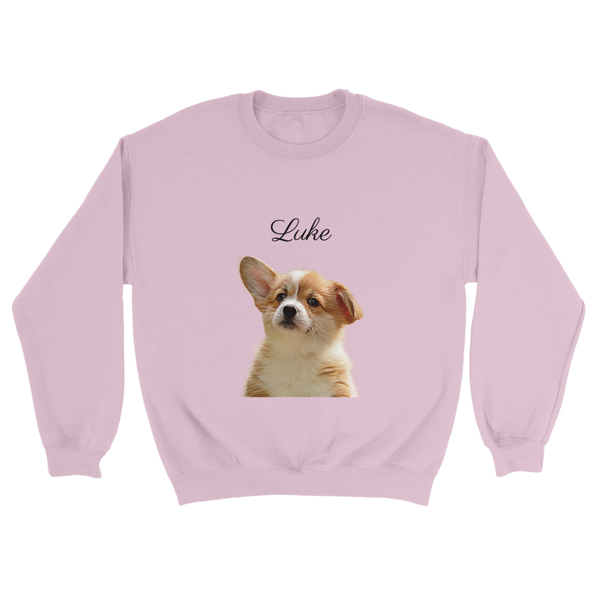 Custom minimal pet portrait on pink sweatshirt. Corgi puppy with pet's name above pet.