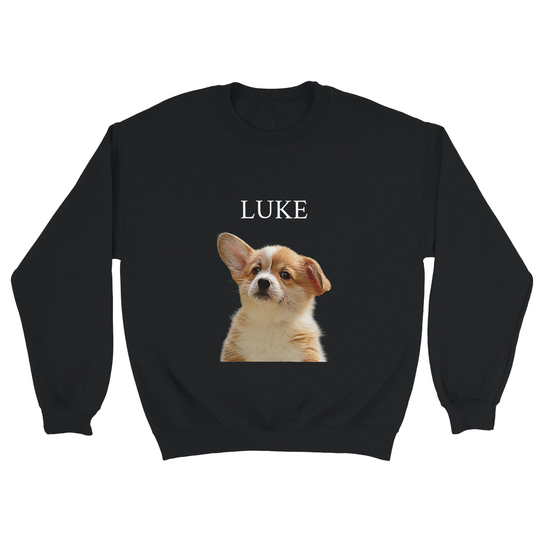 Custom minimal pet portrait on black sweatshirt. Corgi puppy with pet's name above pet.