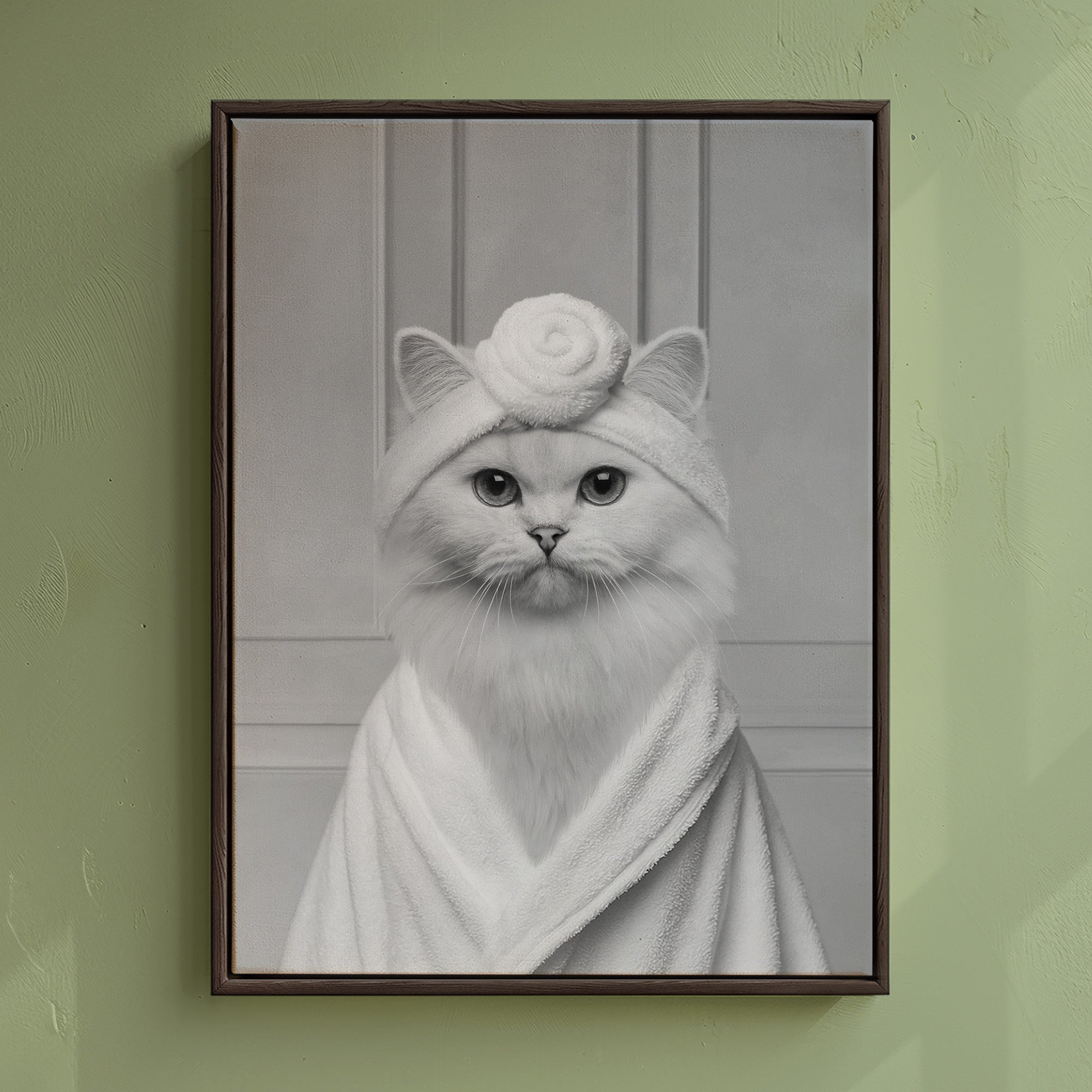 Custom Bathroom Cat Art is a black and white portrait of a cat in a bathrobe and Head Wrap perfect for the bathroom.