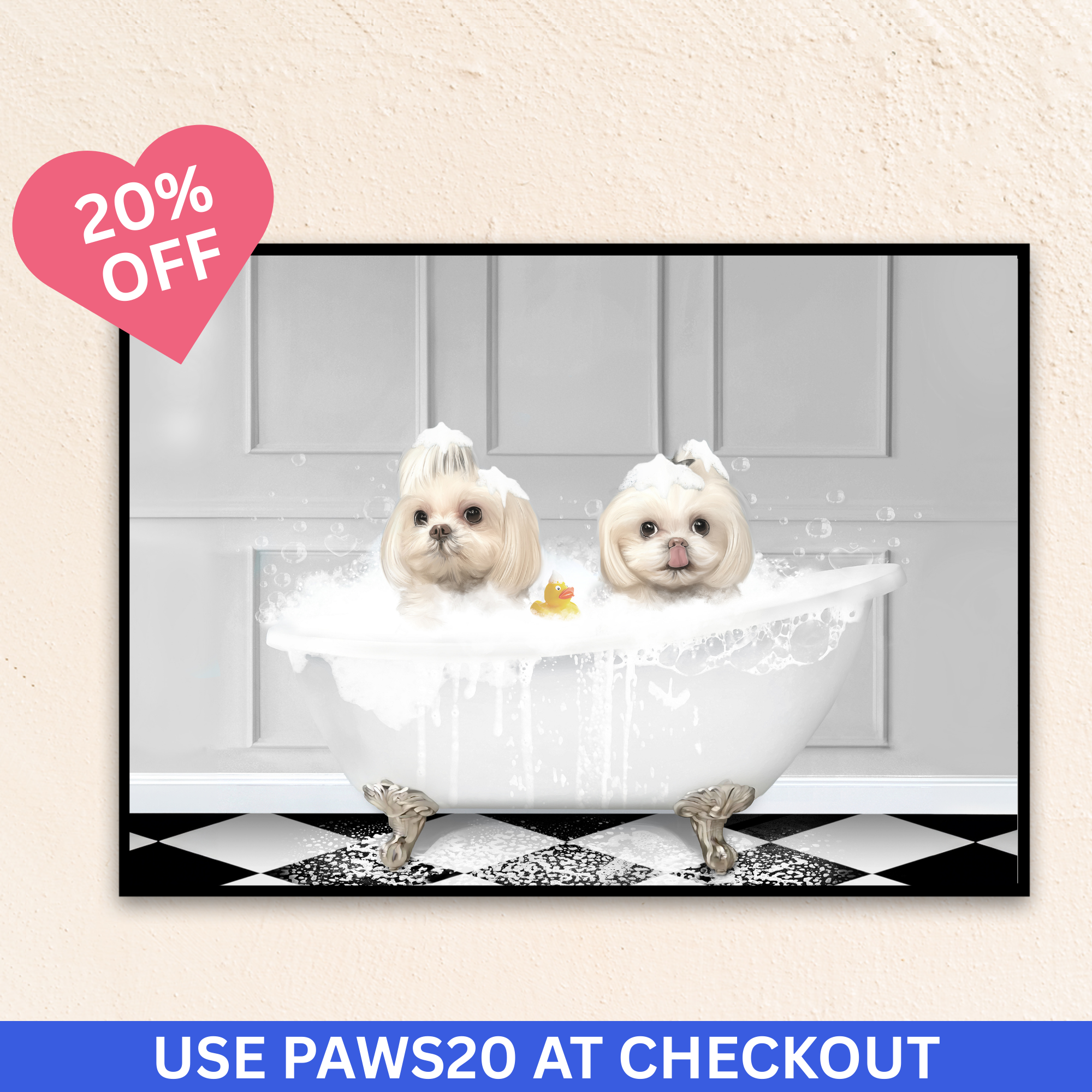 Bathroom dog art featuring two dogs illustrated relaxing in a clawfoot bathtub with soft bubbles and a light gray bathroom background