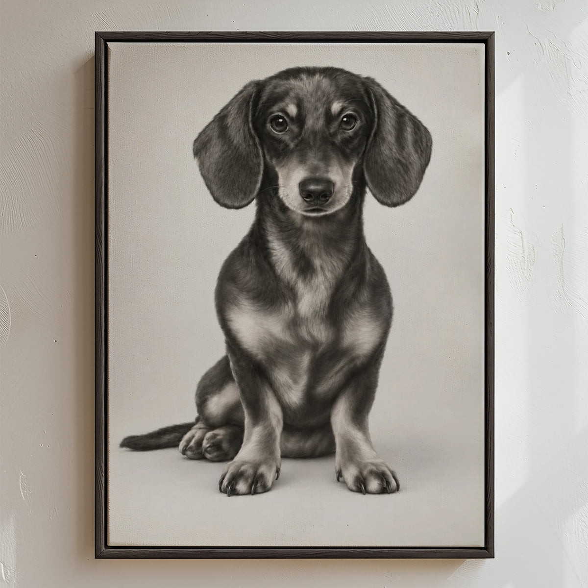 A custom black and white dog portrait, depicting a graceful pet with a serene expression, evoking poetic charm and quiet elegance.