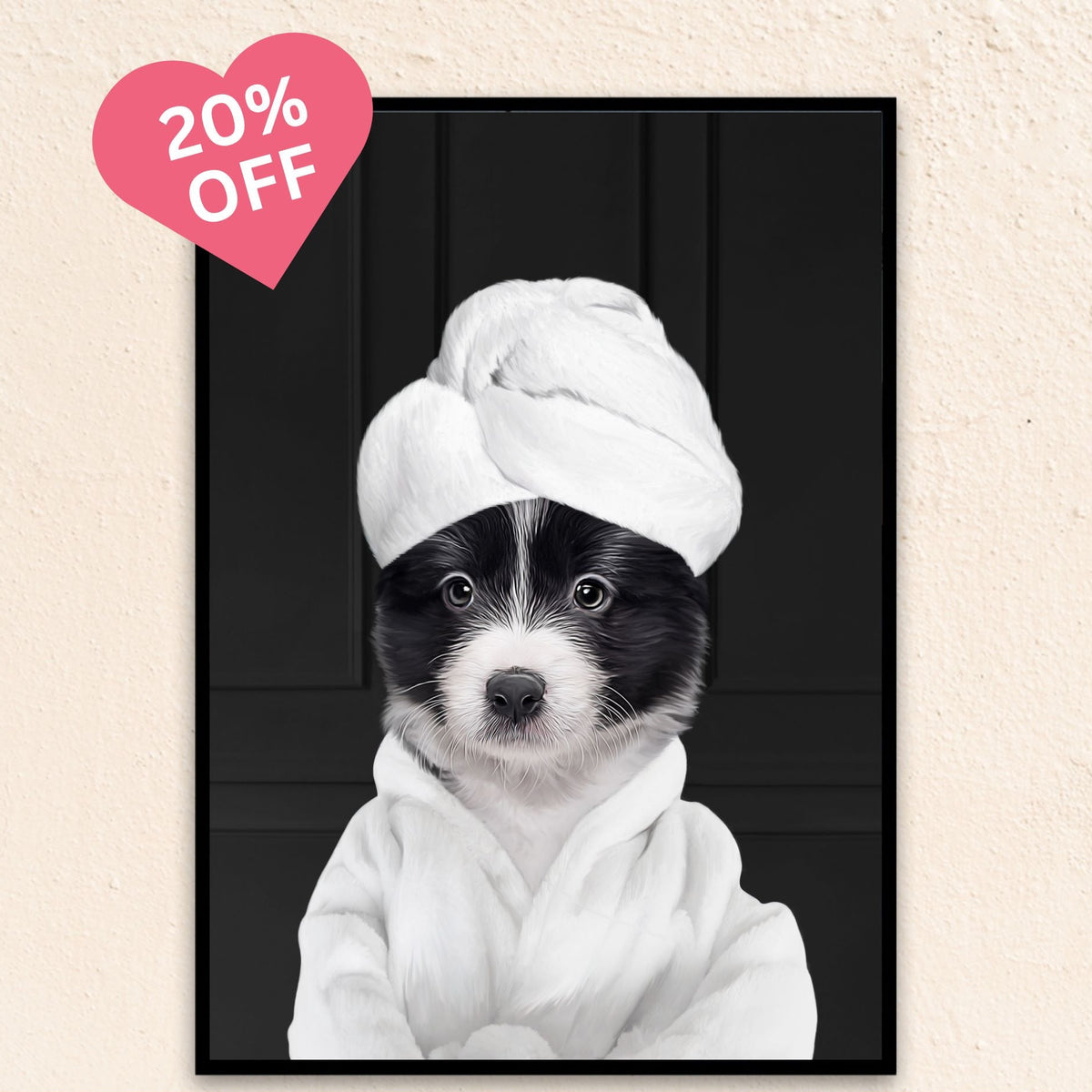 Custom funny pet portrait wall art, Border Collie puppy in bathrobe and towel at spa.
