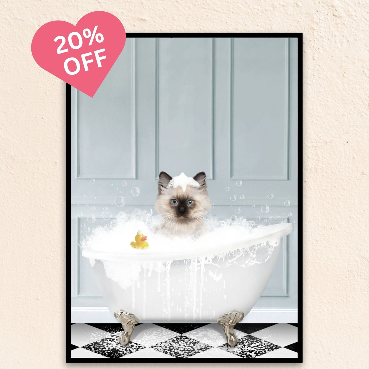 Custom bathroom cat portrait, Siamese kitten puppy in bath tub with rubber duckie and black and white checker tiled floor.