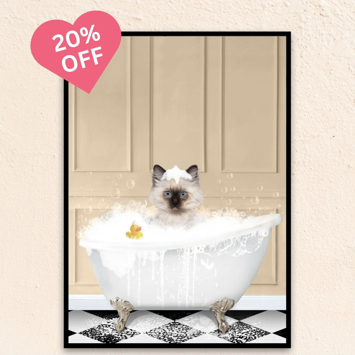 Custom beige-toned cat portrait of a pet enjoying bath time with bubbles and a duck.