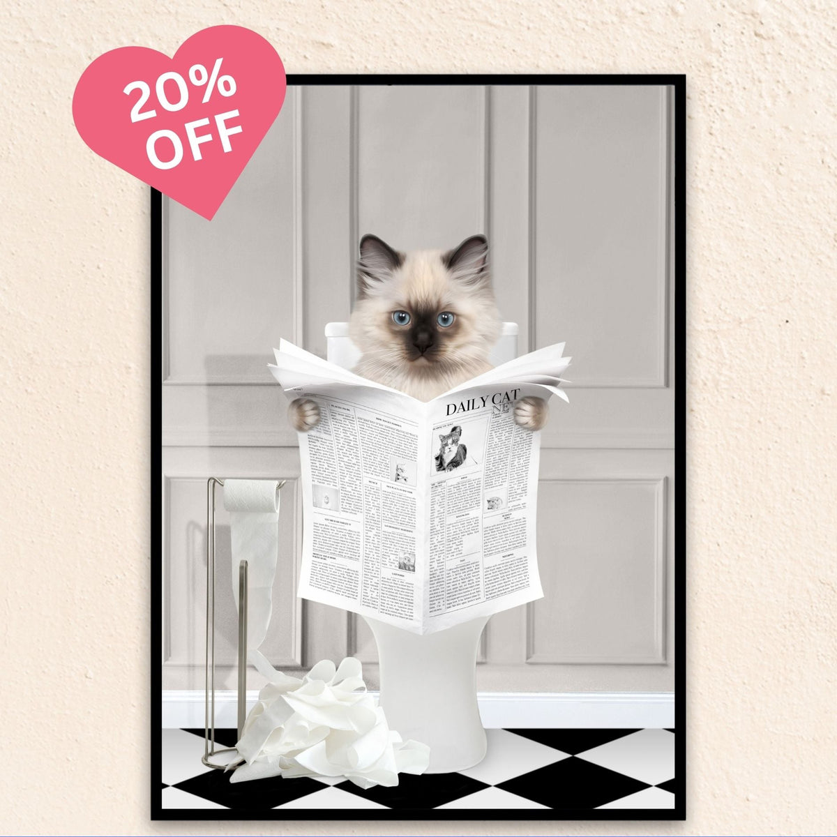 Custom bathroom cat portrait. Siamese kitten holding newspaper on toilet with black and white checker tiled floor.