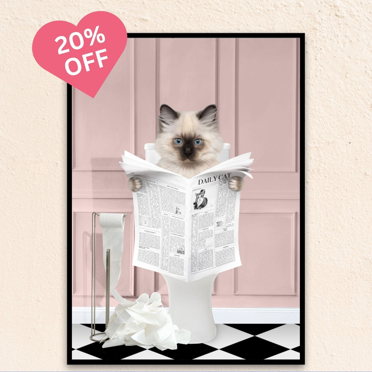 Custom pink cat portrait of a pet reading the newspaper, blending humor with cozy charm.
