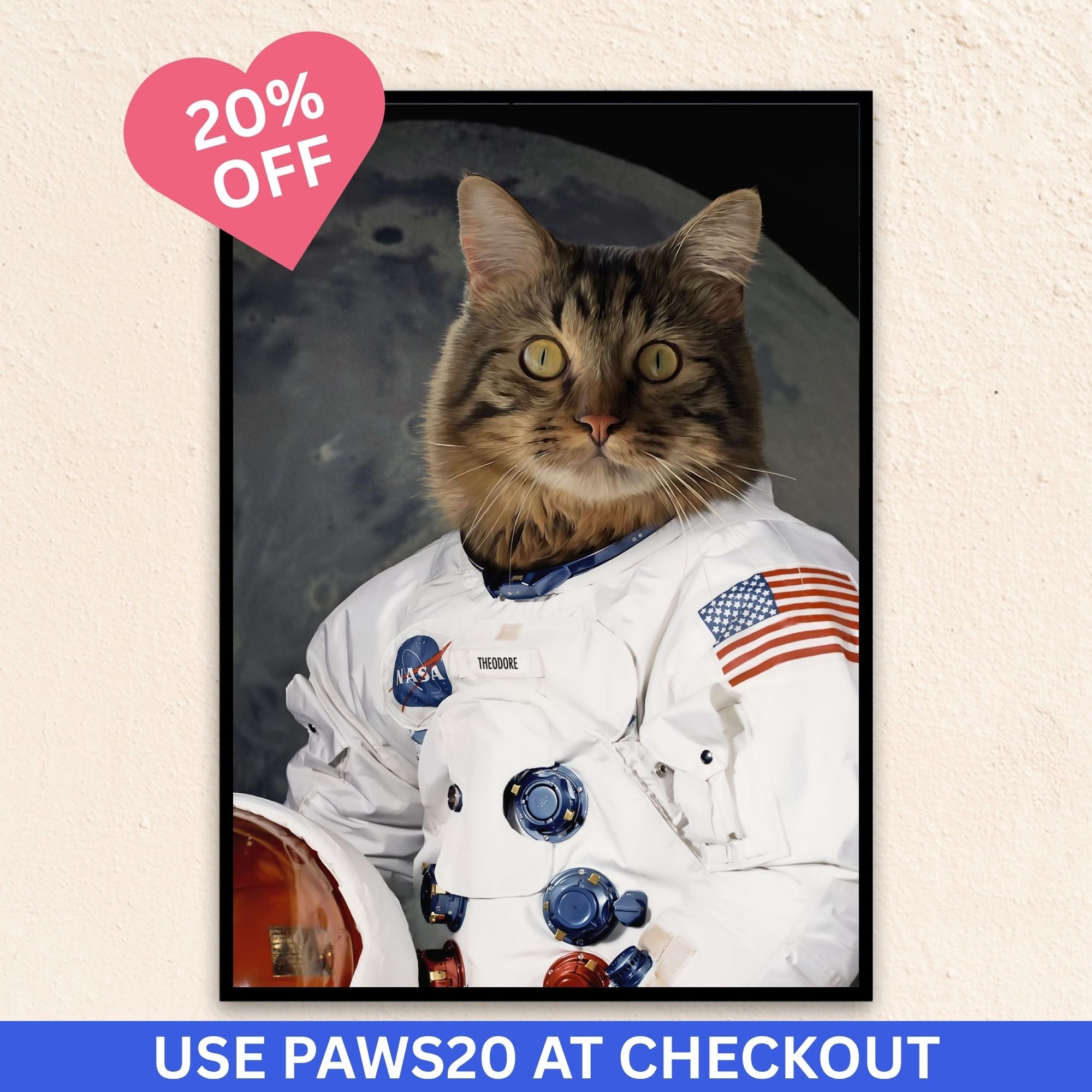 Custom funny cat portrait wall art. Tortoise shell cat wearing an astronaut suit.
