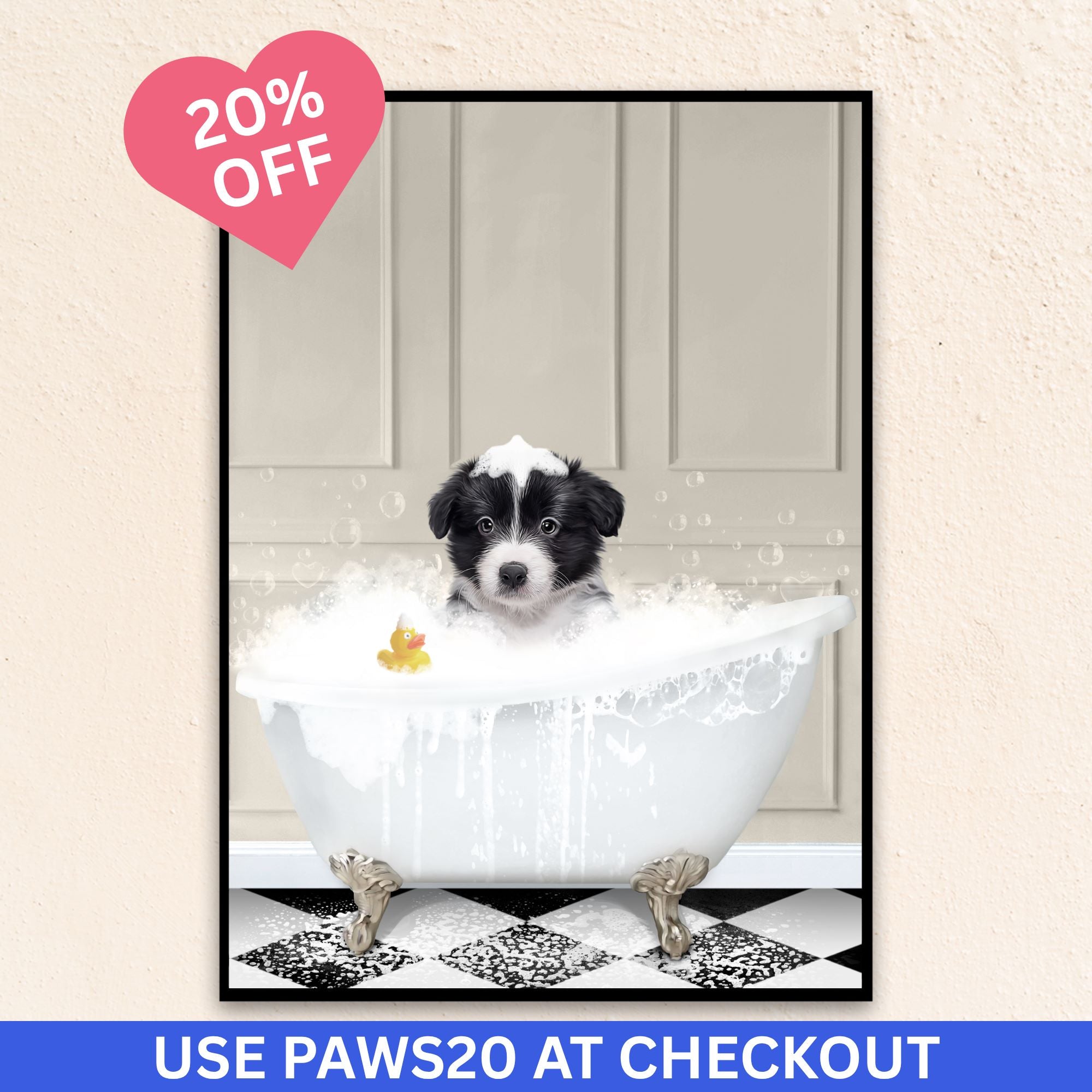 Custom Bathroom Art Dog Portrait I In The Bath Tub - Gray