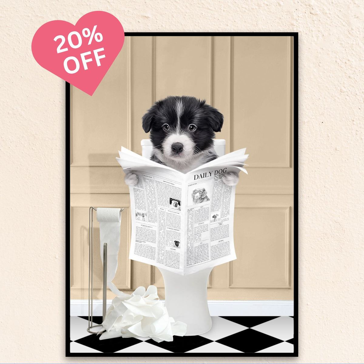 Custom Bathroom Art Pet Portrait | Reading A Newspaper - Beige