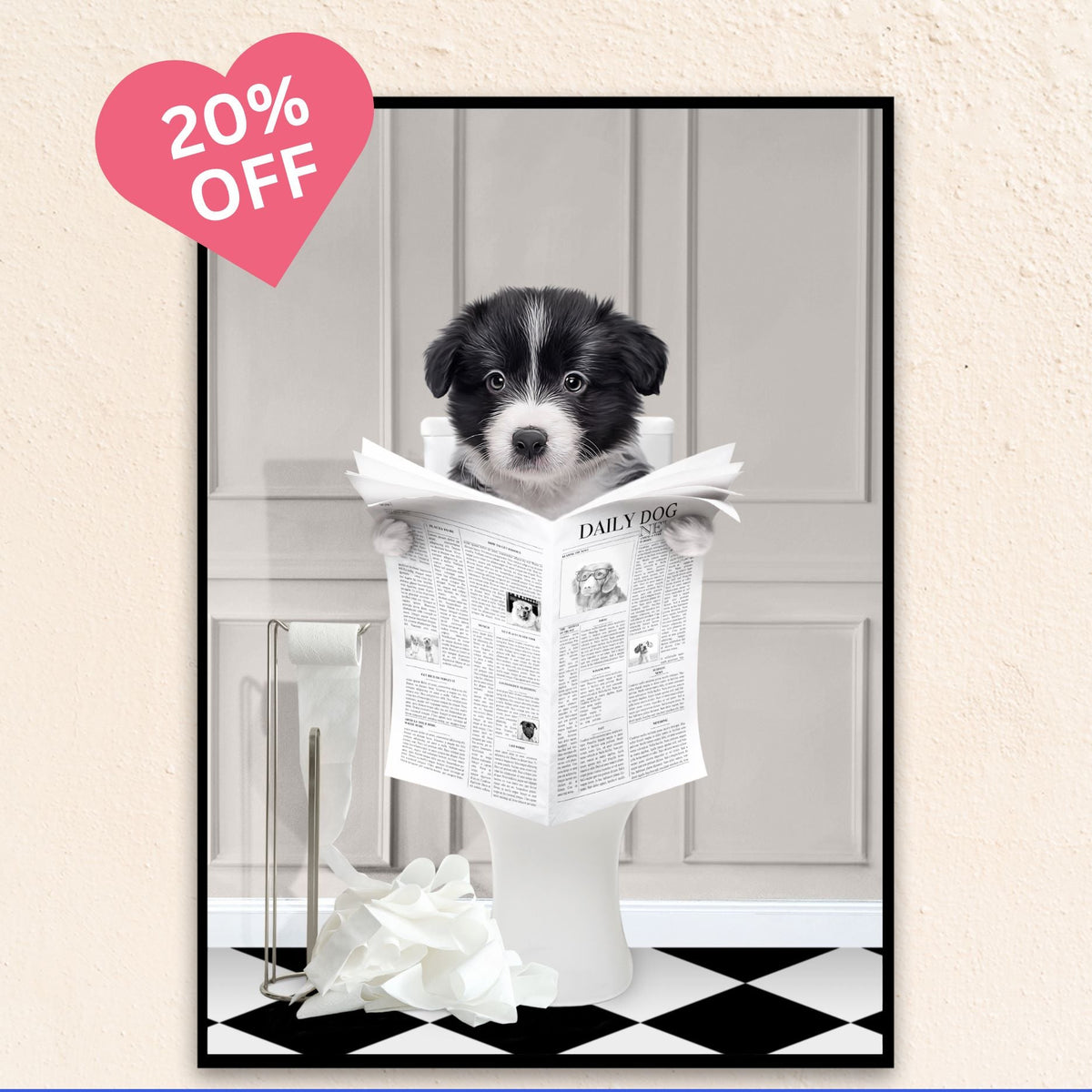 Custom Bathroom Art Pet Portrait | Reading A Newspaper - Gray