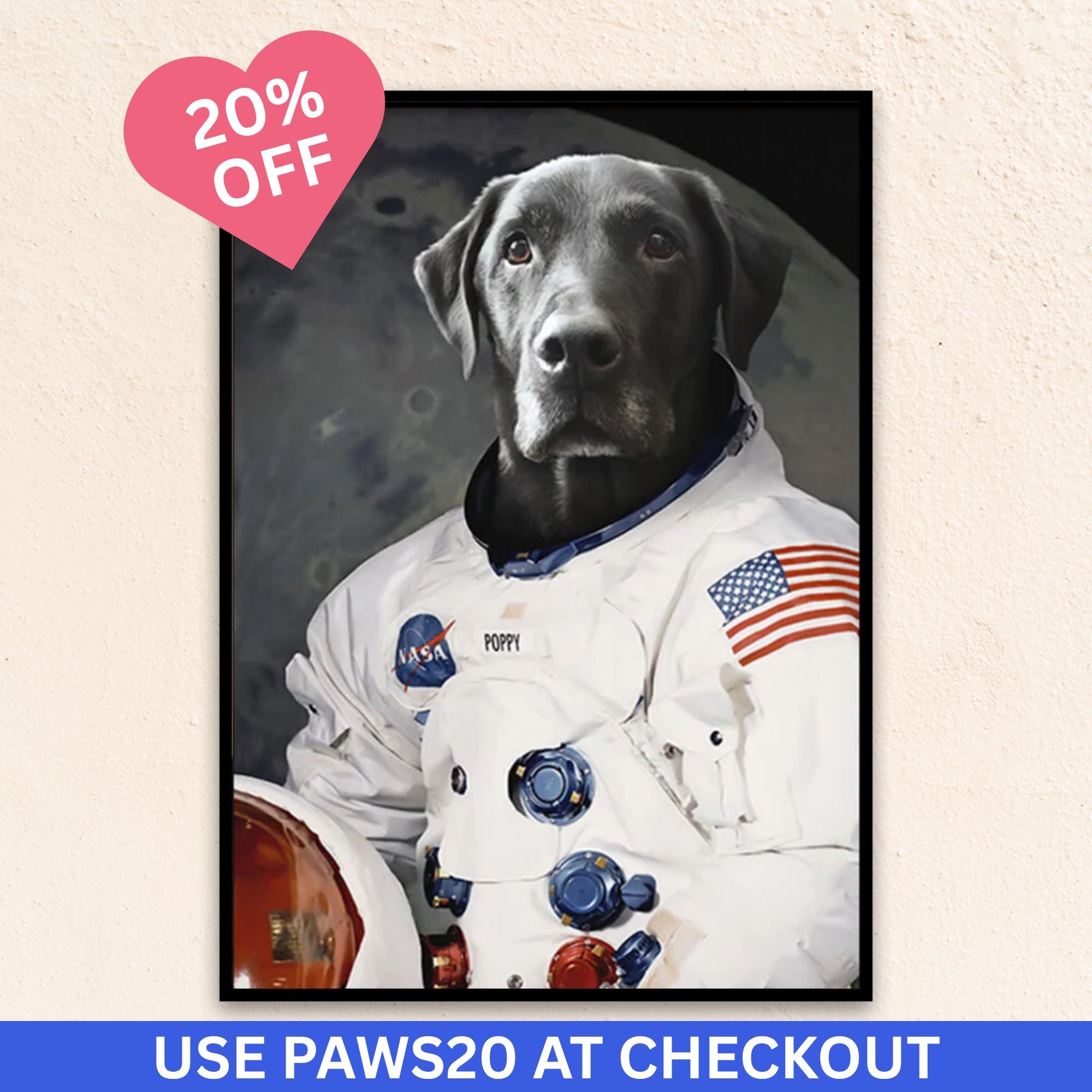 Custom pet portrait wall art. Labrador Retriever dog wearing an astronaut suit.