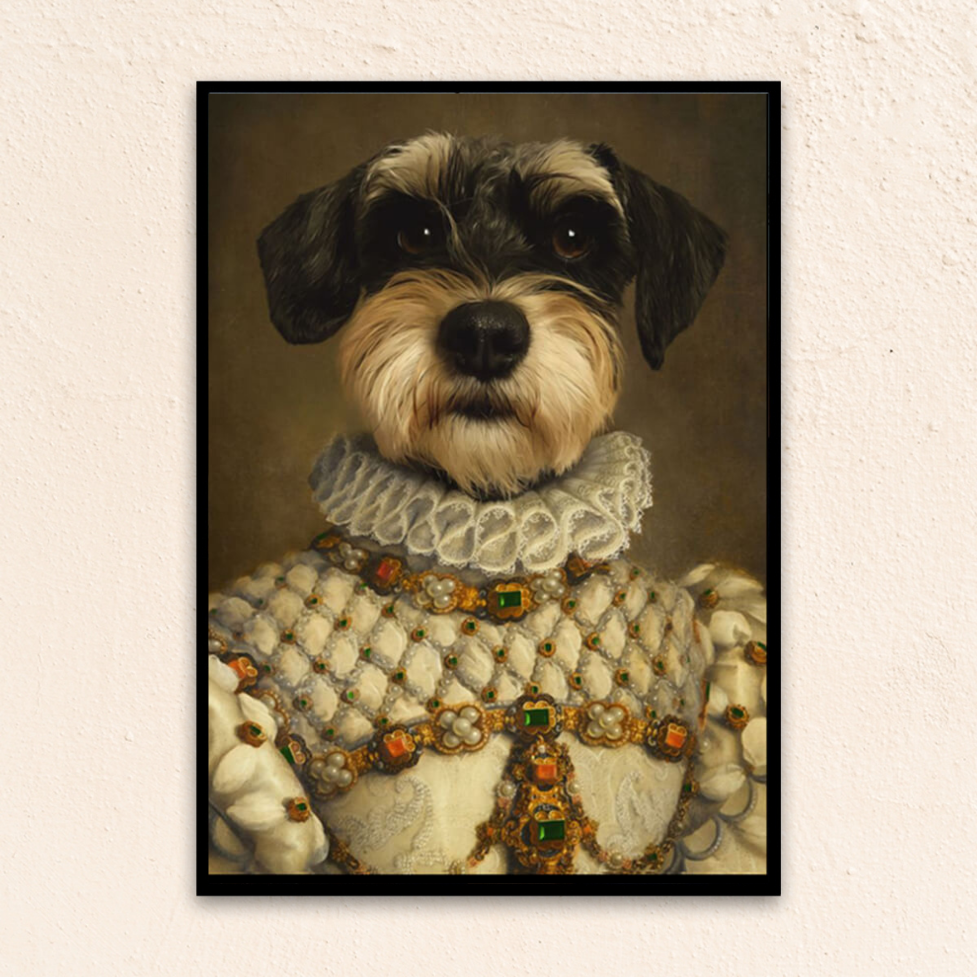 Custom funny dog portrait wall art. Ginger Tabby cat wearing a regal dress with pearls and ruby gems.