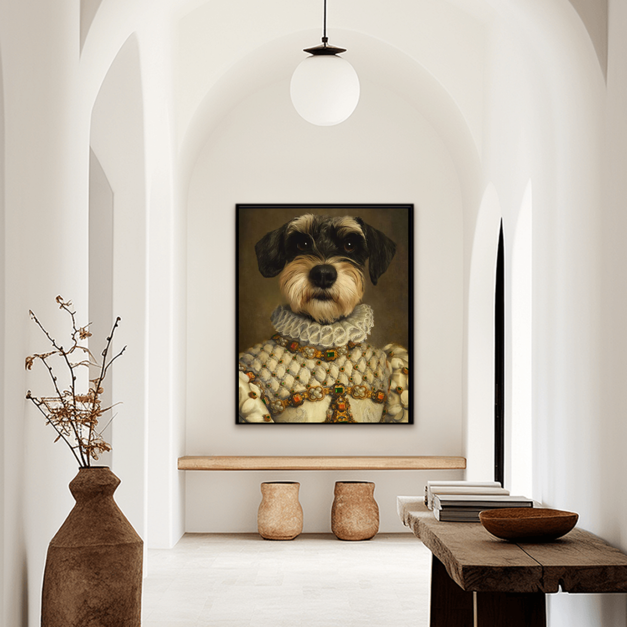 Custom funny dog portrait wall art. Ginger Tabby cat wearing a regal dress with pearls and ruby gems.
